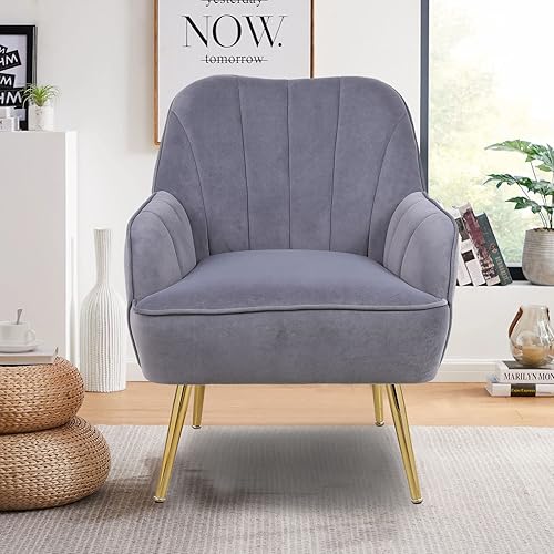 Miniatura 24 de Goujxcy Silla decorativa, sillón tapizado de terciopelo, silla pequeña copetuda para sala de estar, silla de club con patas de metal dorado, silla