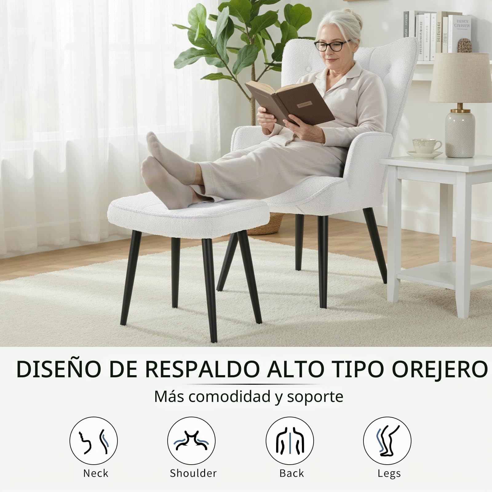 Clevich Sillón Orejero con Reposapiés, Blanco Poltrona Sala Teddy Suave – Butaca de Salón para Lectura, Sillon Dormitorio, hasta 168 kg