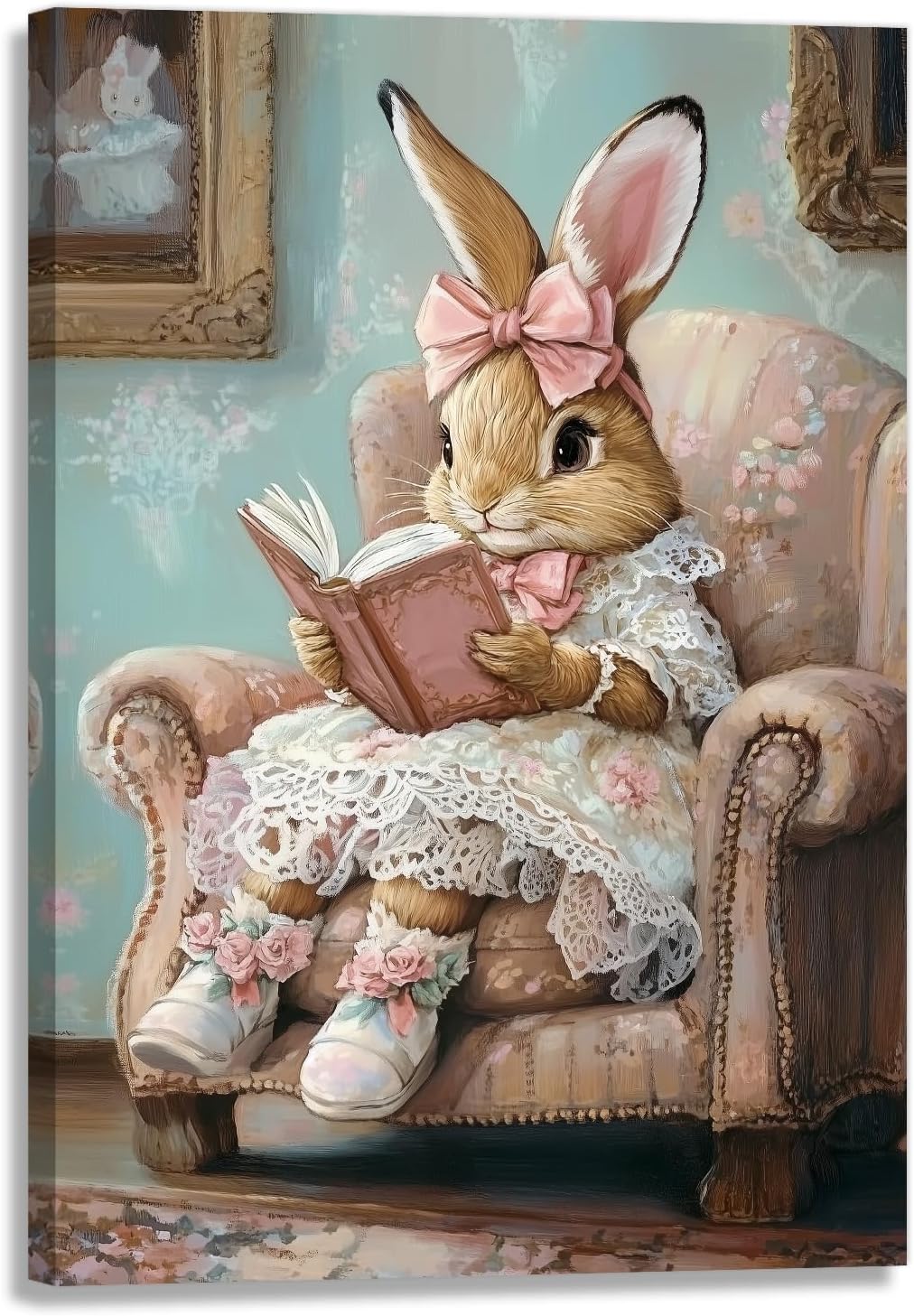 Rabbit Wall Art Retro Animal Picture Canvas Print Rabbit Reading Books Painting Framed Artwork for Living Room Bedroom Nursery Kids Room Decor(Artwork-1,12"x18")