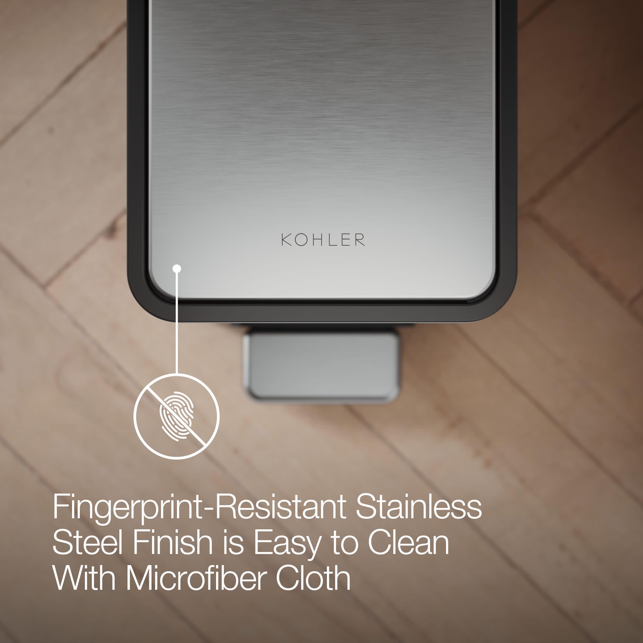 Kohler 20957-ST Kleiner Mülleimer für Badezimmer, 2,5 Liter, mit leise schließendem Deckel und freihändigem Fußpedal, Edelstahl