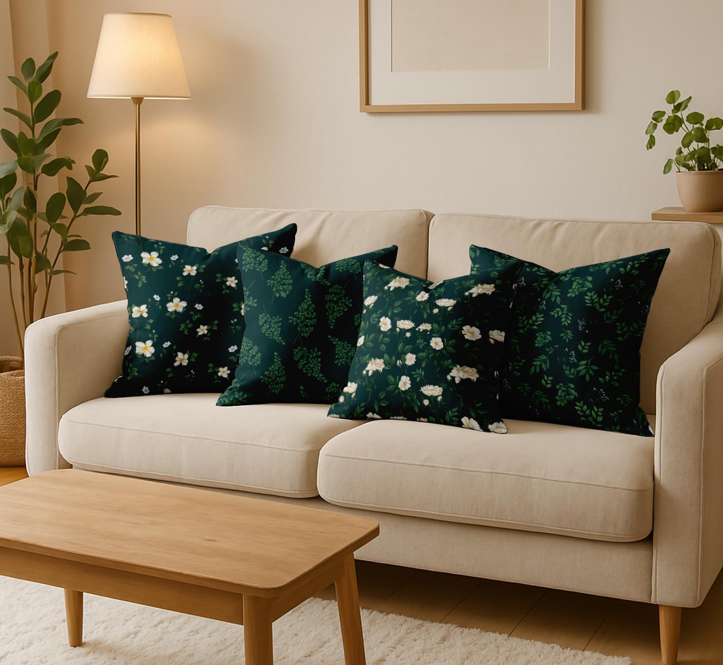 Cotton Cushion Covers Set of 4-16x16 Inch, Floral Print, Double-Sided Printed Throw Pillow Covers with Hidden Zipper - No Filler - Green
