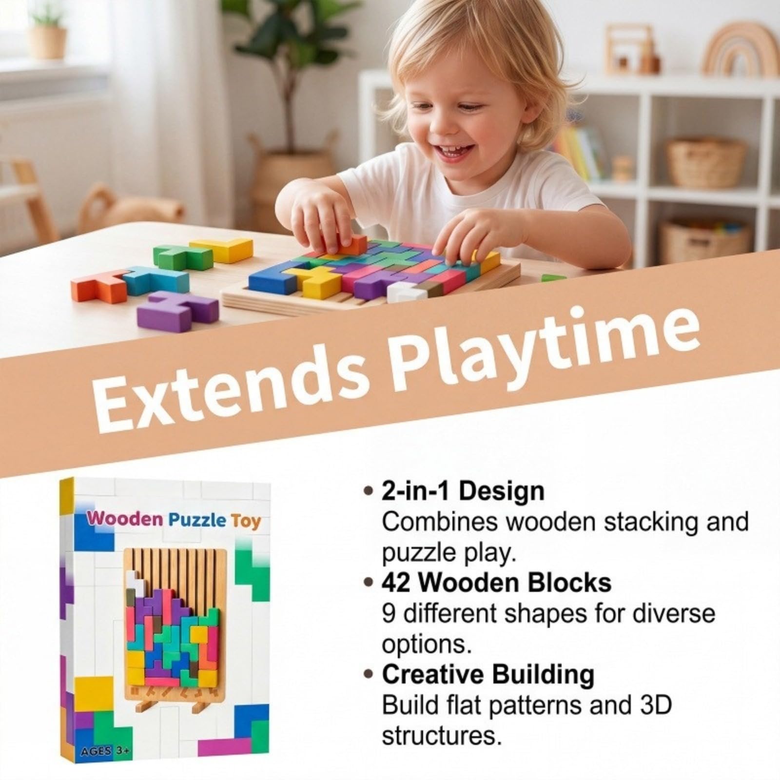 Bloque de rompecabezas de madera para niños – Juego educativo de formas geométricas (Edades 3+) – Estimula la creatividad & Razonamiento lógico para niños