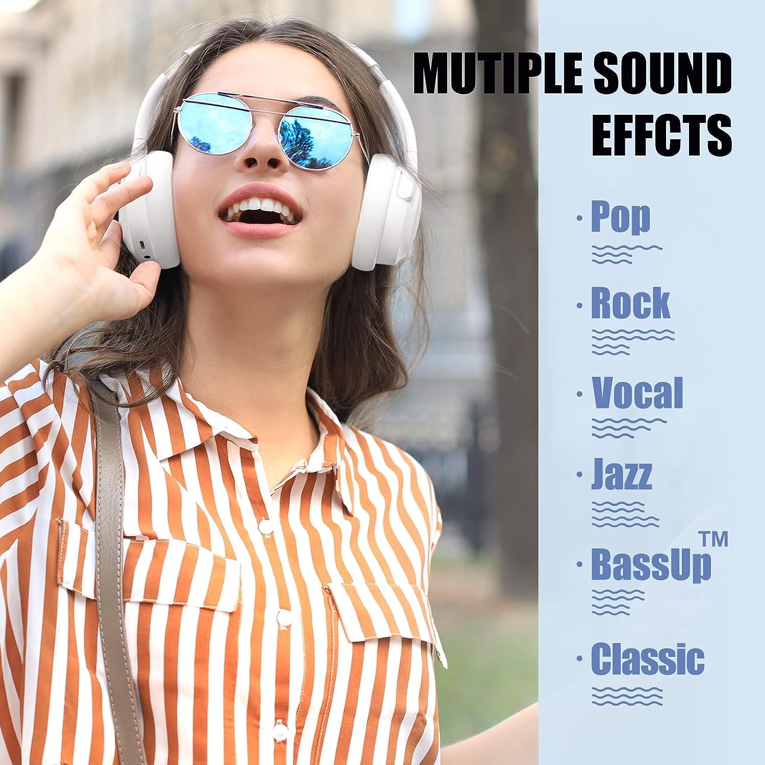 Feegar słuchawki Bluetooth przez ucho, 65 godzin odtwarzania i 6 trybów muzyki EQ, bezprzewodowe słuchawki z mikrofonem, stereo HiFi, składany, lekki zestaw słuchawkowy, głęboki bas (Białe)