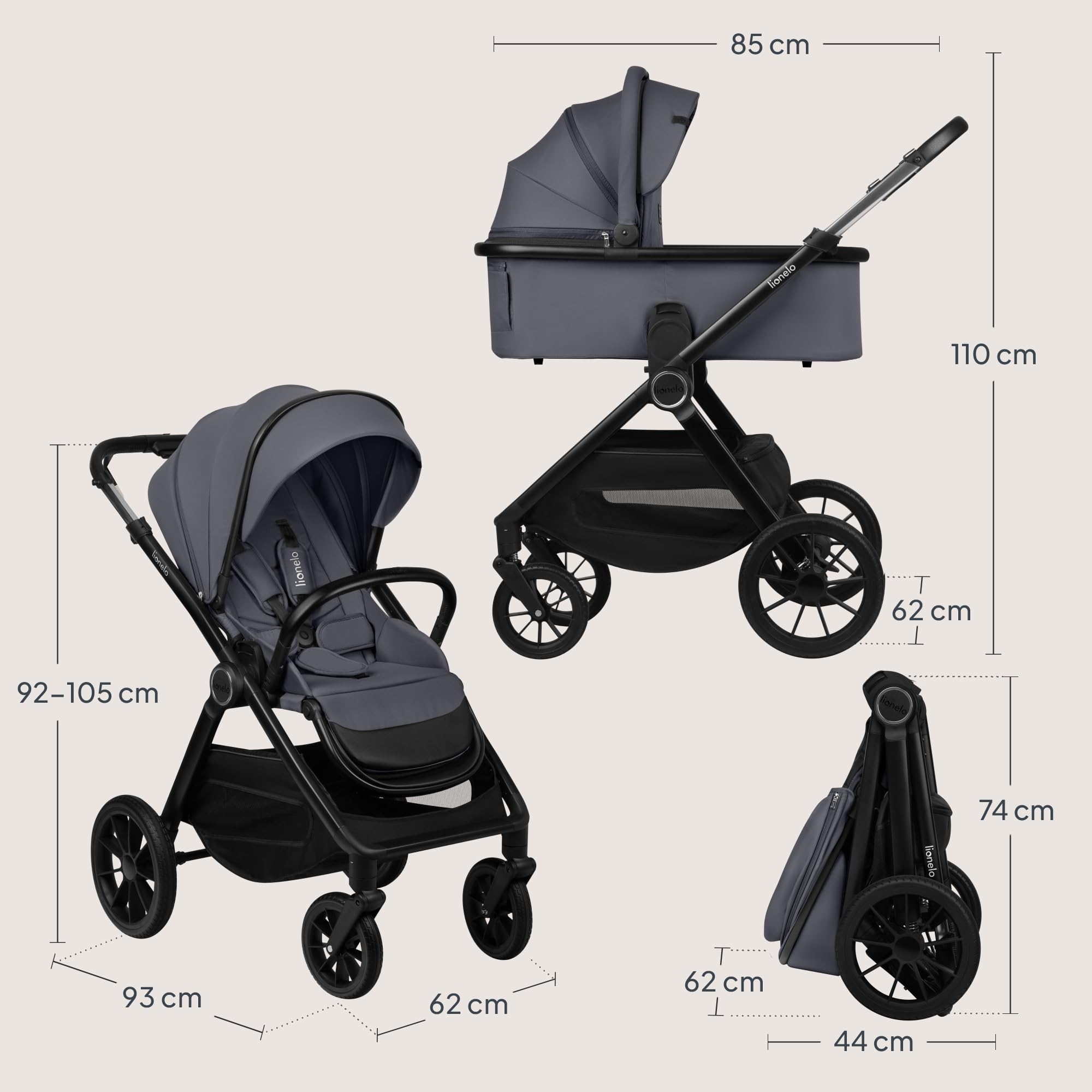LIONELO LAYLA 2 w 1 Wózek Spacerowy Dziecięcy 0-48 miesięcy do 22 kg Gondola do 9 kg, Regulacja Oparcia i Podnóżka, AiryDots, Obrotowe Koła PU 360° Pełna Amortyzacja Budka XXL