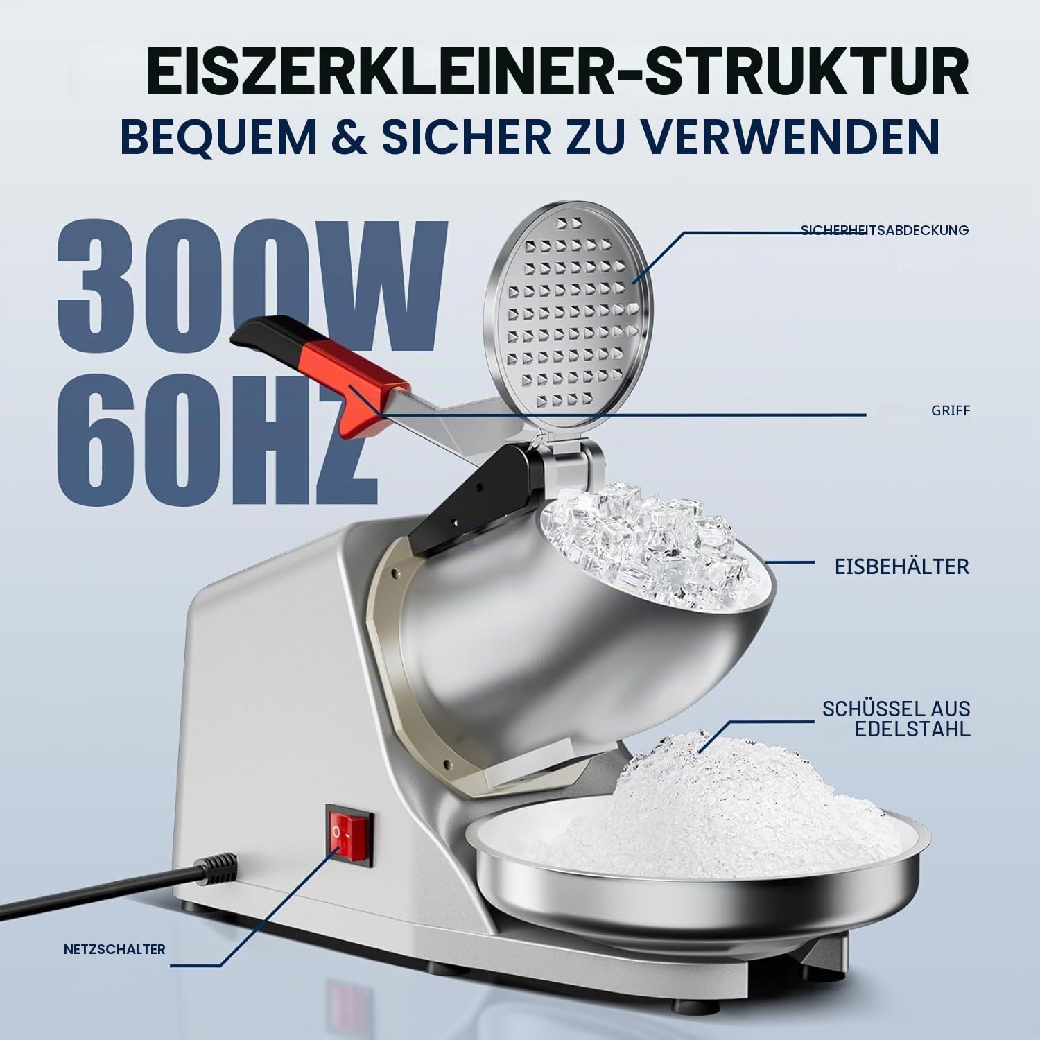 300 W elektrischer Eiszerkleinerer mit Doppelmesser, 220 V-240 V, Zerkleinerungsmaschine, 65 kg/h, elektrisch, kommerziell, Smoothie-Maschine, Restaurants, Bars, Partys, Silber