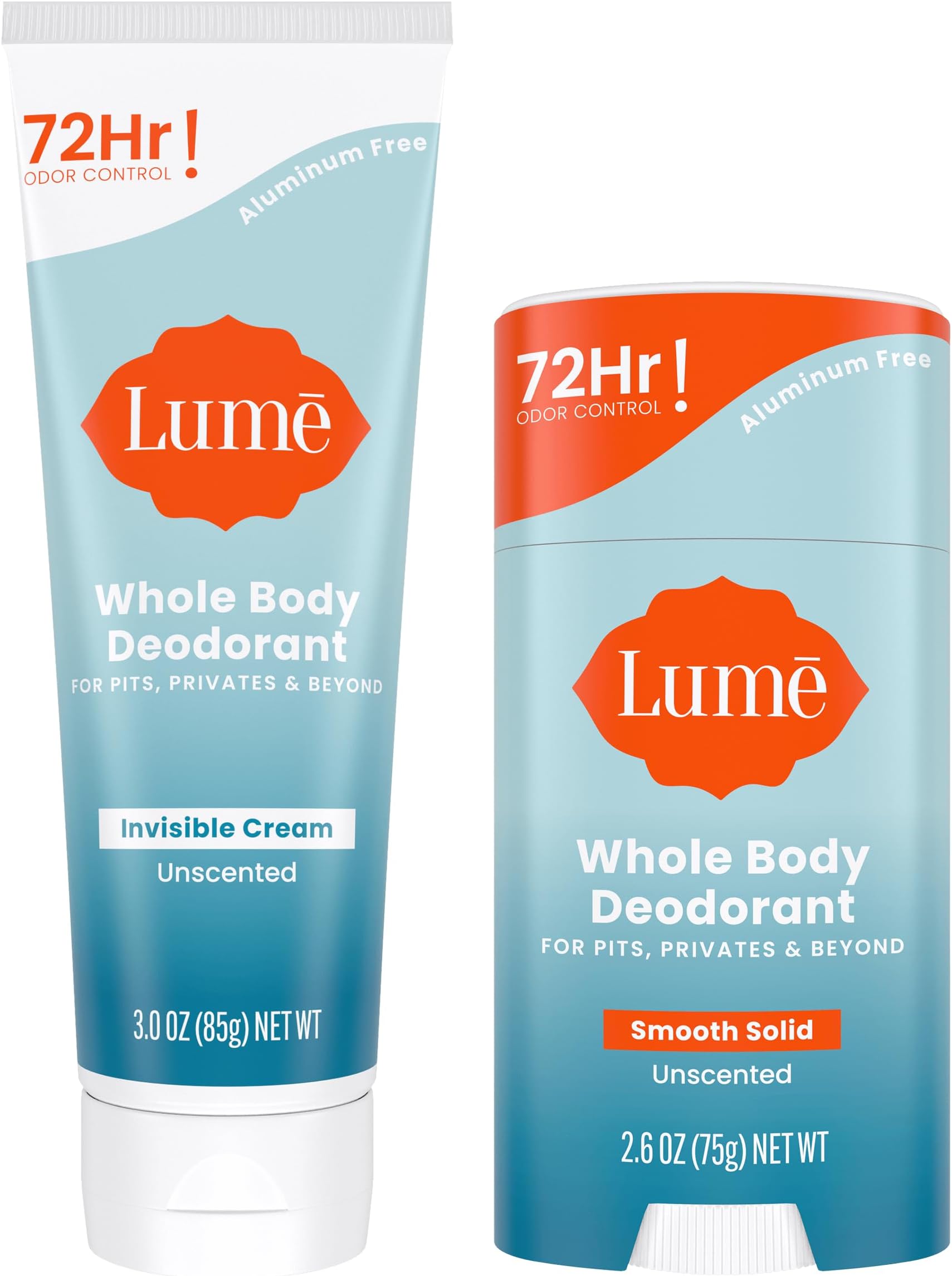 Lume Whole Body Deodorant - Invisible Cream and Solid Unscented - 72 Hour Odor Control - Aluminum & Baking Soda Free, Skin Safe - 3 oz Cream & 2.6 oz Solid Bundle