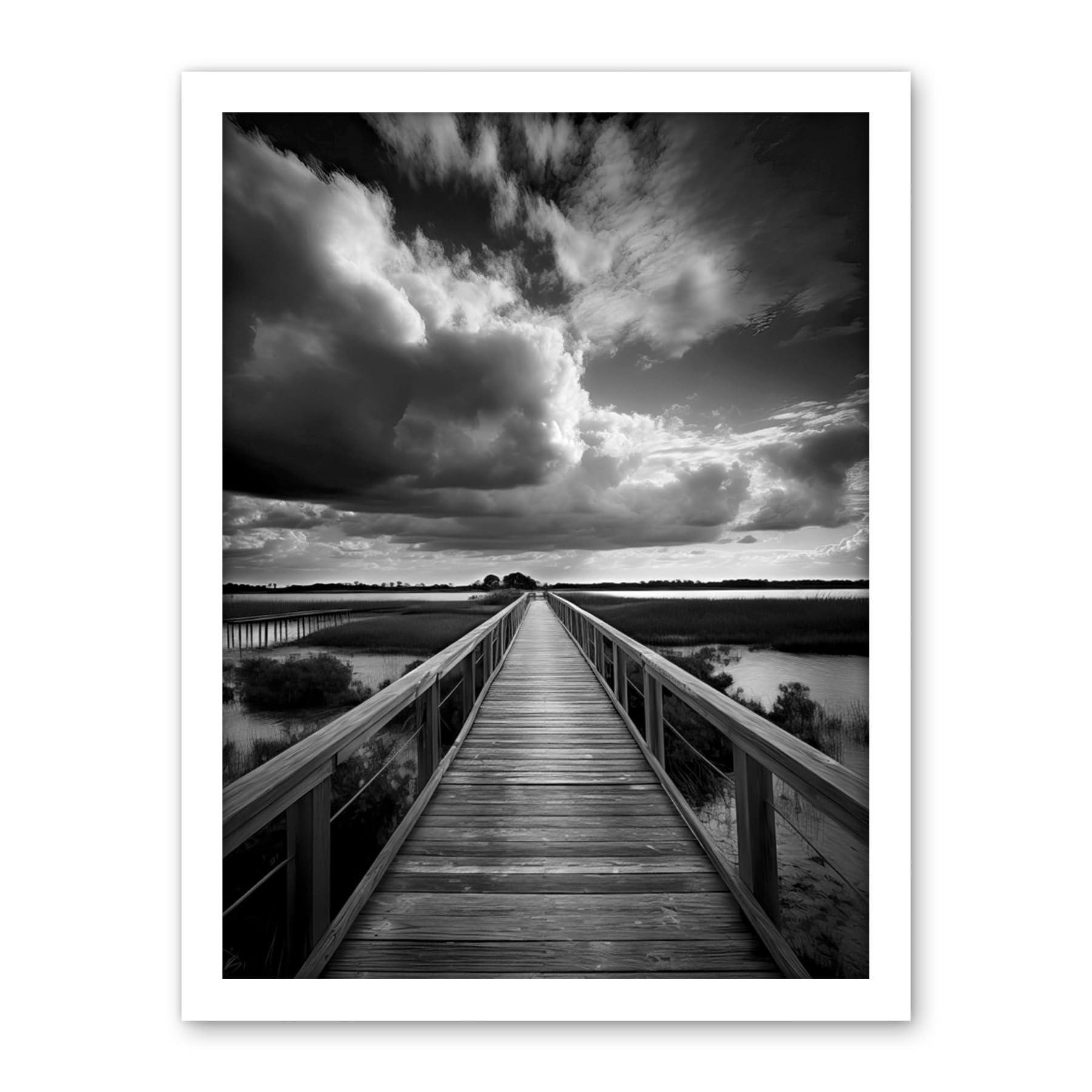 Artery8 Wooden Bridge River Landscape Black and White Artwork Framed Wall Art Print 18X24 Inch