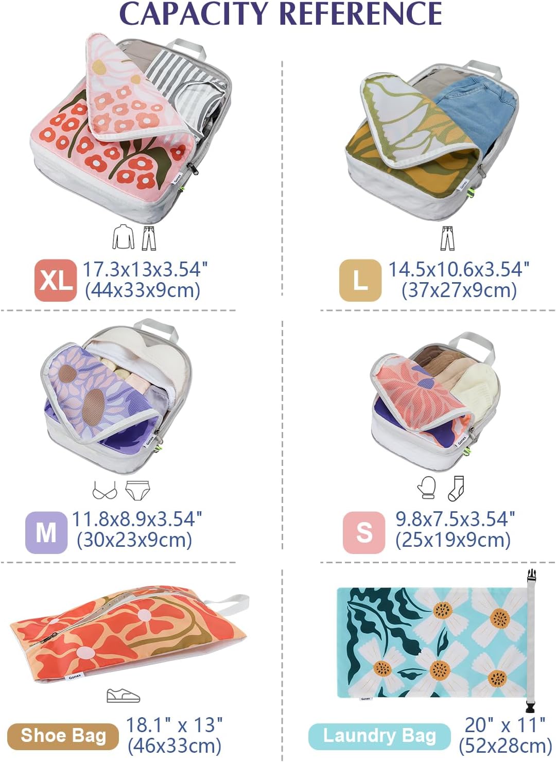 Gonex Compression Packing Cubes, 6pcs Expandable Storage Travel Luggage Bags Organizers with Shoe Bag Laundry Bag, Travel Cubes for Suitcase Carry On (Flowers) - Image 6