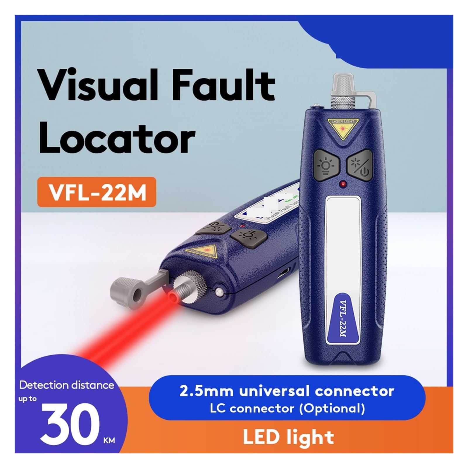 Localisateur visuel de défauts VFL-22M testeur câbles à fibres optiques, jusqu'à 30Km VFL Stable forte Standard SC FC ST LC en option Inspection de circuits