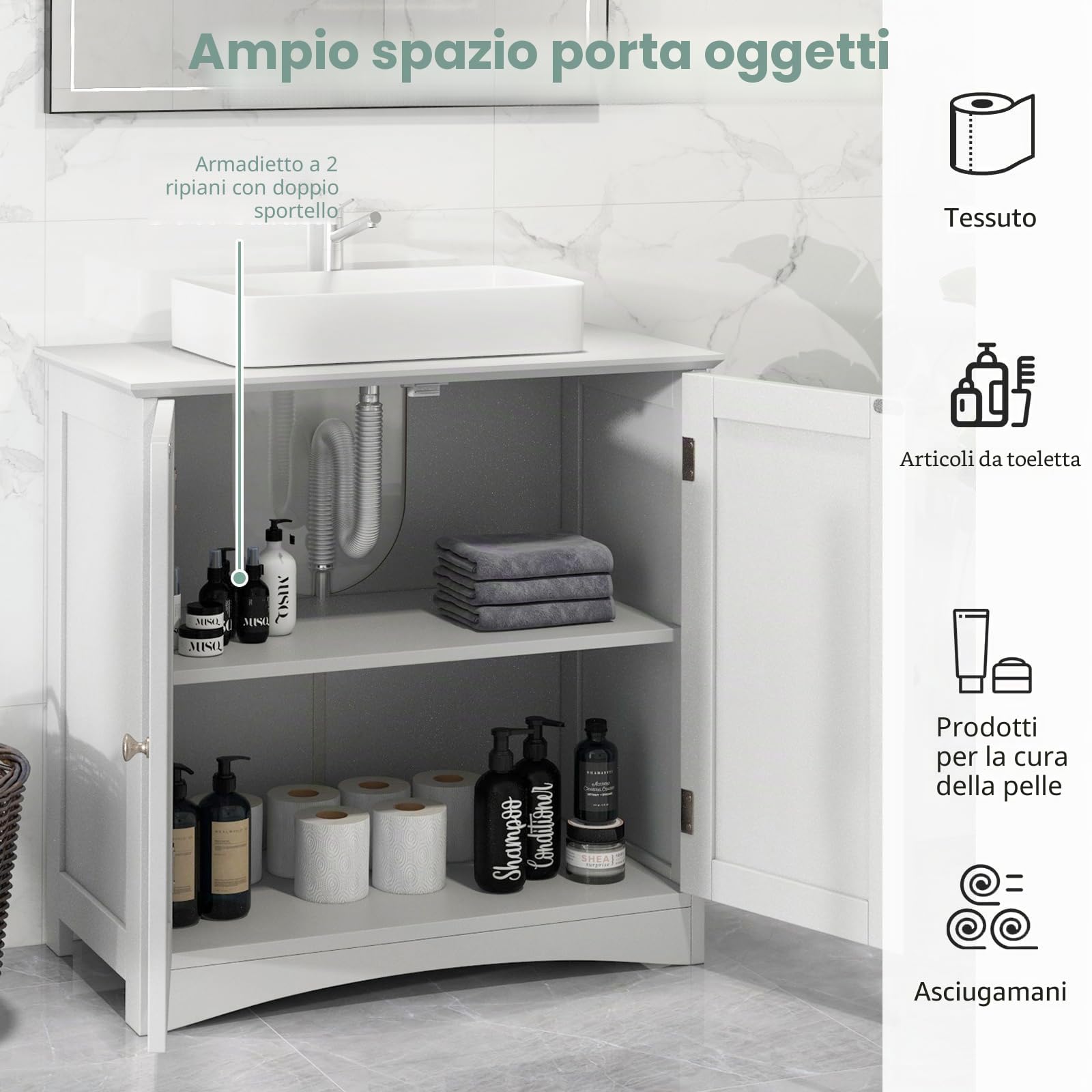 LIFEZEAL Armadio U sotto lavabo, mobile 2 ante 2 ripiani, 60x30x60 cm, bianco (stile 3)