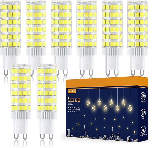 G9 LED Bulbs 7W, Tasmor G9 LED Light Bulb Cool White 6500K, Equivalent to 70W Halogen Bulbs, Non-Dimmable, No Flicker, Energy Saving LED Light Bulbs, 700LM, AC220-240V, 8 Packs