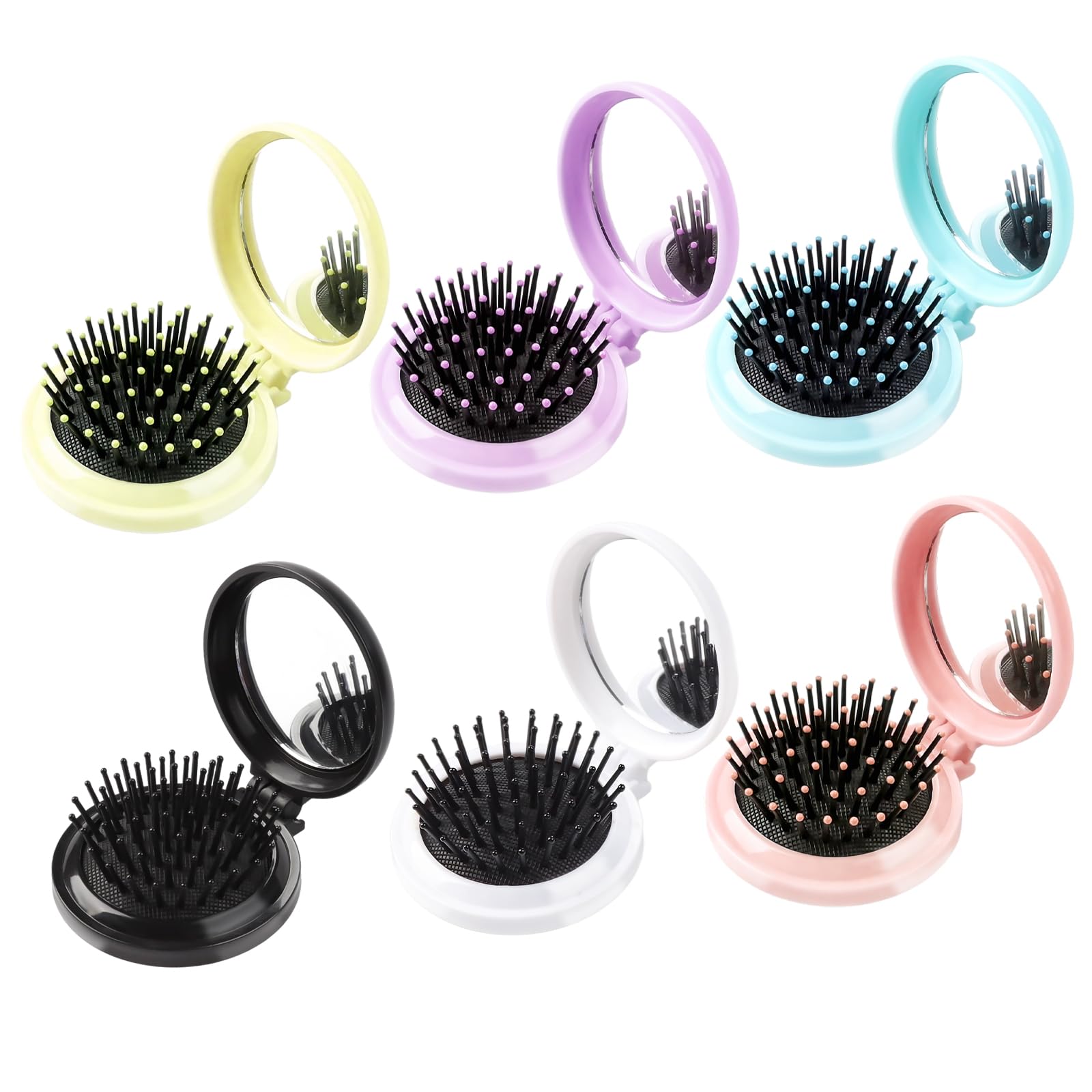 6PCS Folding Travel Mirror Hair Brushes Round Portable Mirror Pocket Hair Brush Mini Hair Comb Compact Travel Size for Girls Women