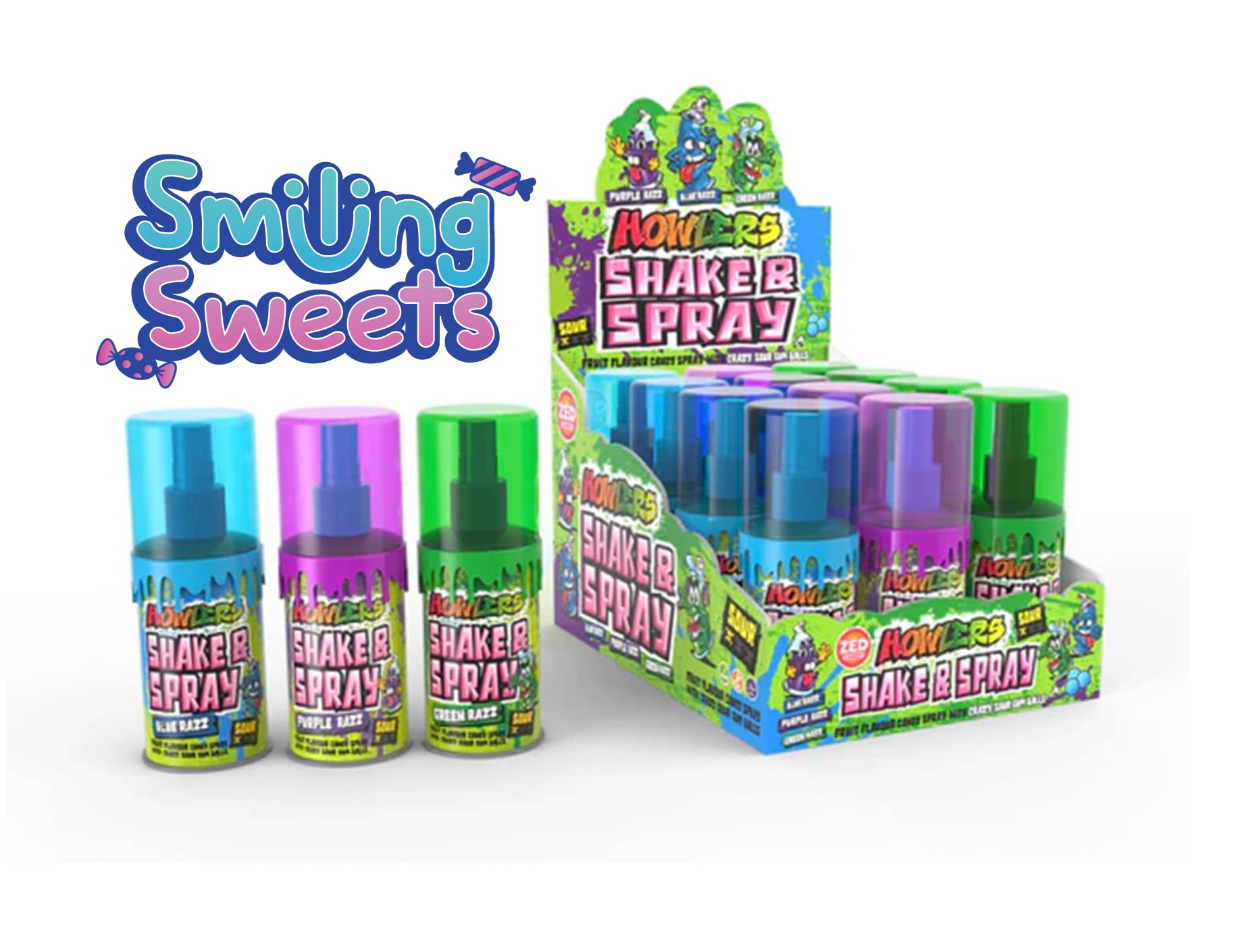 Smiling SweetsHowler Shake and Spray, Candy Spray with Crazy Sour Gumballs, Fun Sour Treat to Share with Friends and Family, Razz Variety (Pack of 3)
