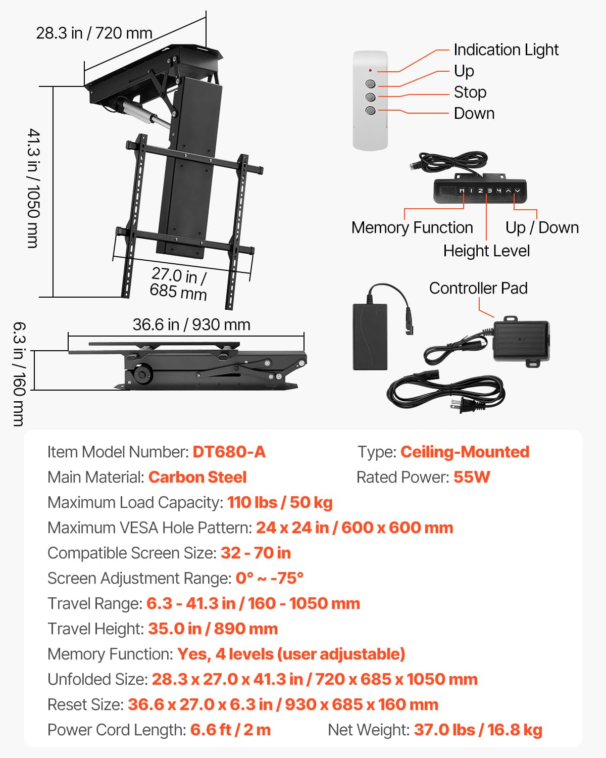 VEVOR Soporte de Techo Motorizado para Televisores de 813 a 1778 mm, Soporte Plegable Ajustable Eléctricamente Compatibilidad Máxima de Montaje VESA de 60 x 60 cm para Televisores de hasta 50 kg