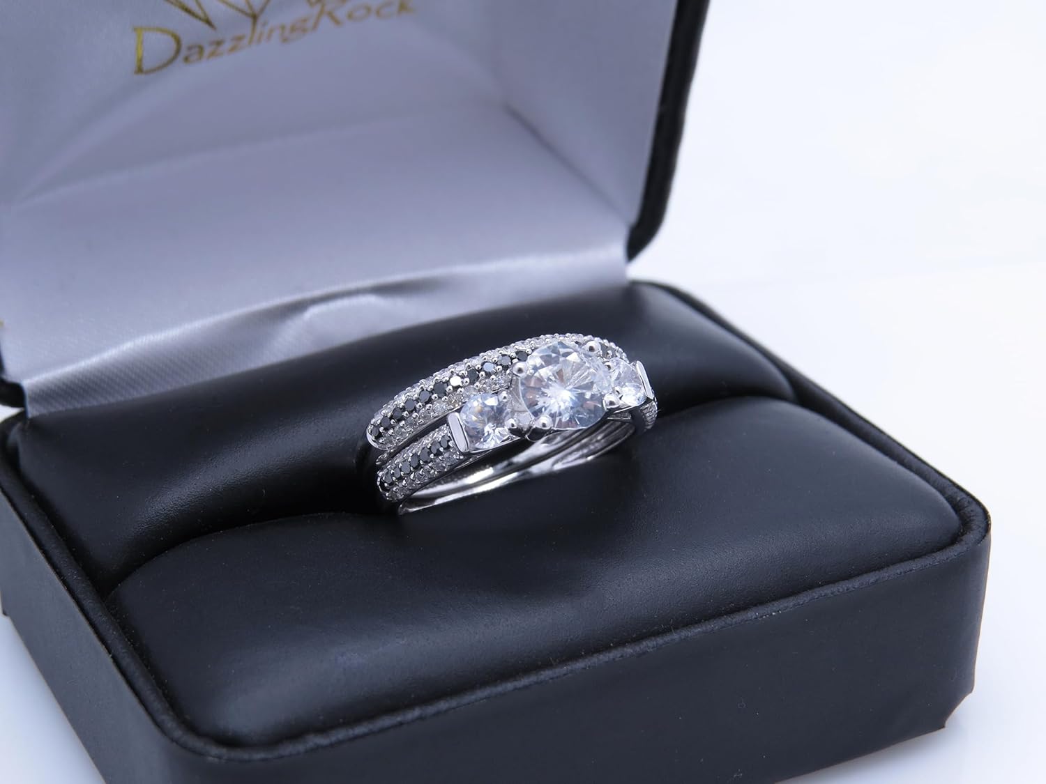 Dazzlingrock Collection Round White Sapphire, Black & White Diamond Bridal Engagement Ring Set, 10K Solid White Gold, Size 6.5