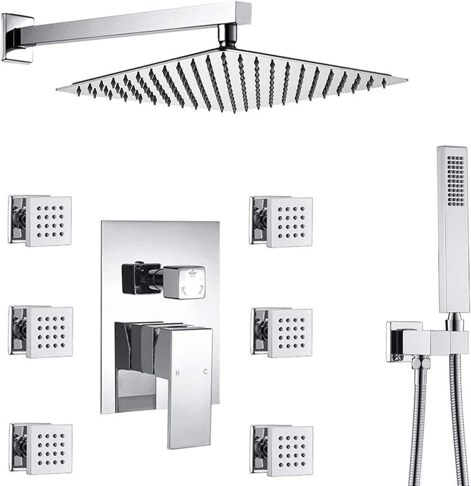 Enga 12 Inch Bathroom Rainfall Shower Head System Brass Shower Faucet Complete Kit Wall Mount Polished Chrome
