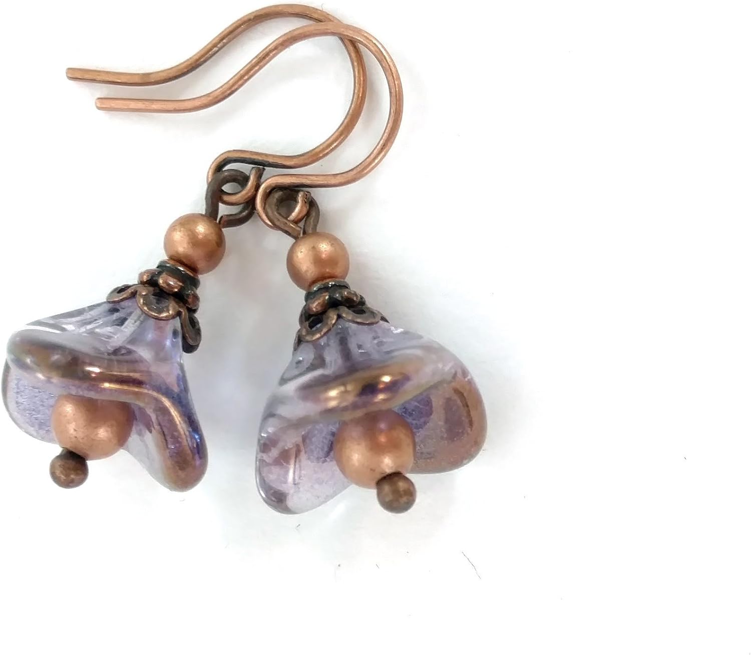 Flower Earrings; Dainty Purple and Bronze Czech Glass and Antiqued Copper Filigree
