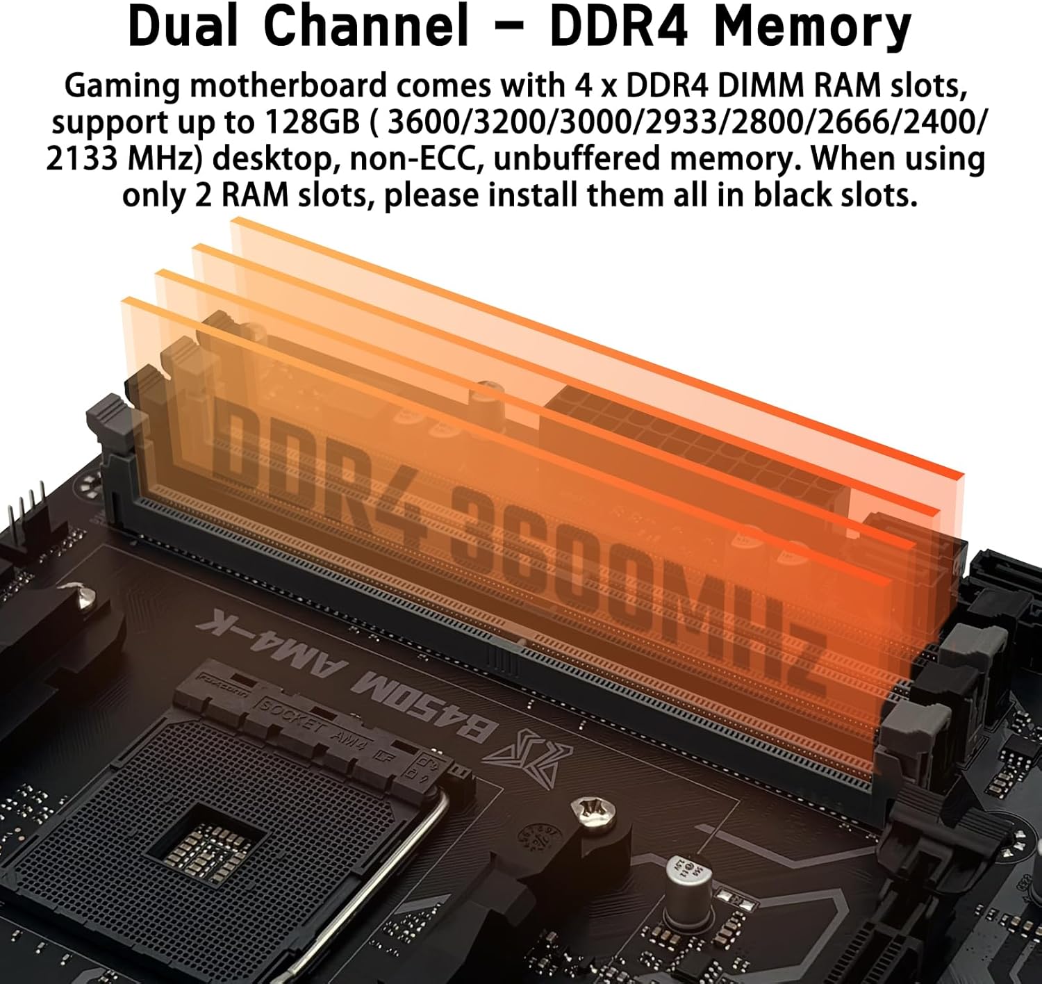 Close-up of DDR4 memory slots on the motherboard with two red RAM sticks inserted.