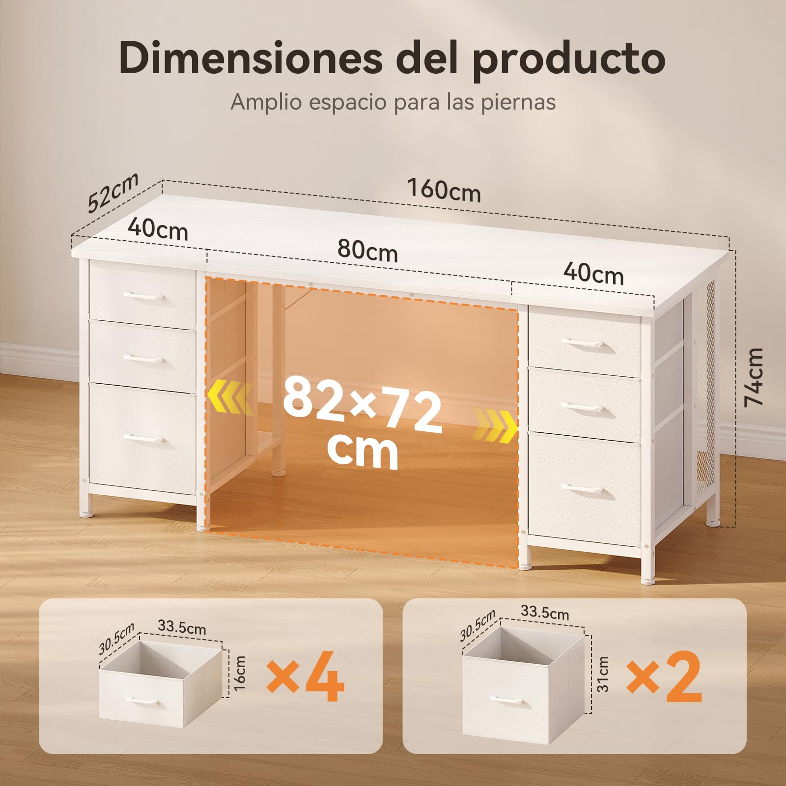 Coleshome Escritorio con 6 Cajones de Tela, 160x52 cm Mesa Escritorio con Estantes, Escritorio Ordenador Grande con Espacio de Almacenamiento para Oficina en Casa, Blanco