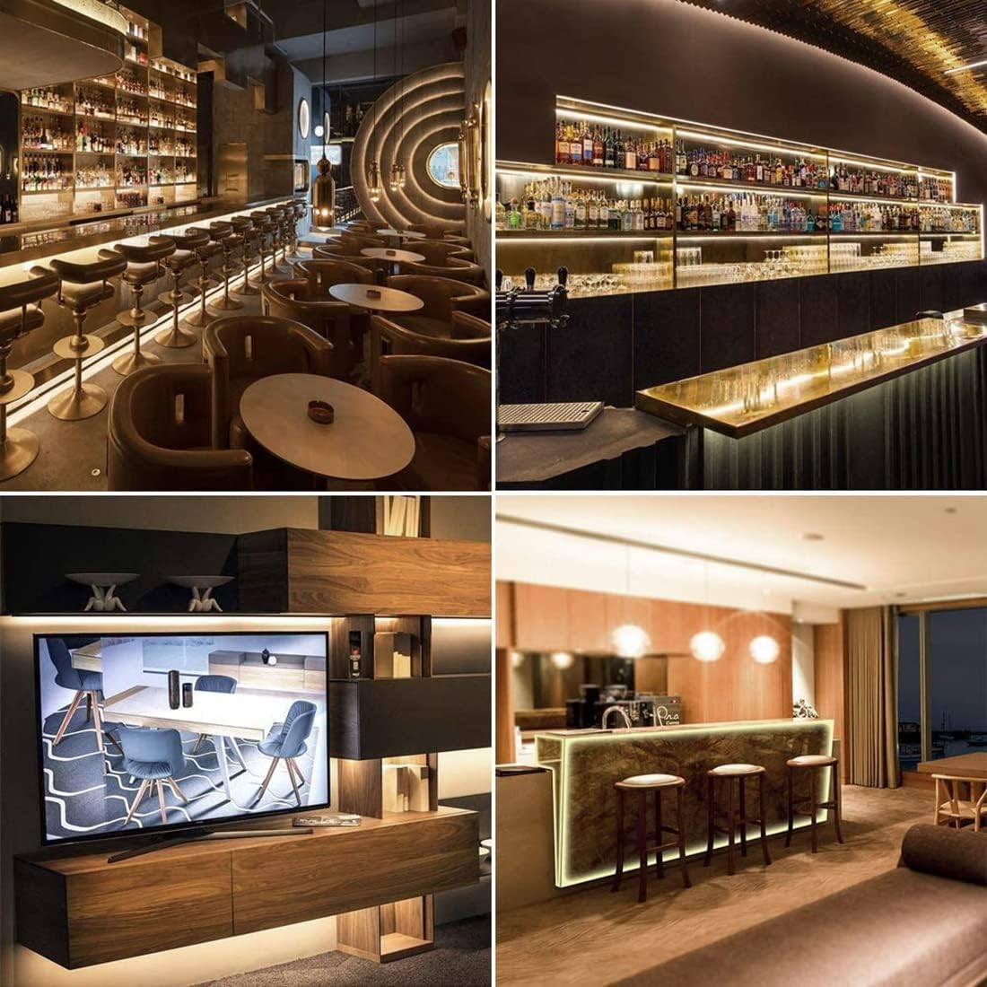 Collage of four images showing the LED strip used for accent lighting in a bar, kitchen, and behind a TV.