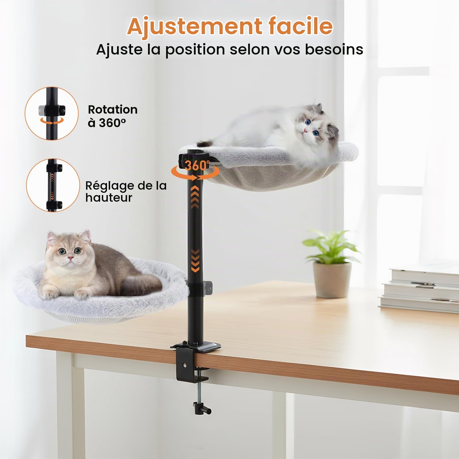 lit pour chat de bureau, panier chat pivotant à 360° et réglable en hauteur,hamac doux pour chat avec 2 housses lavables,Idéal pour dormir la maison ou au bureau, utilisable en toutes saisons