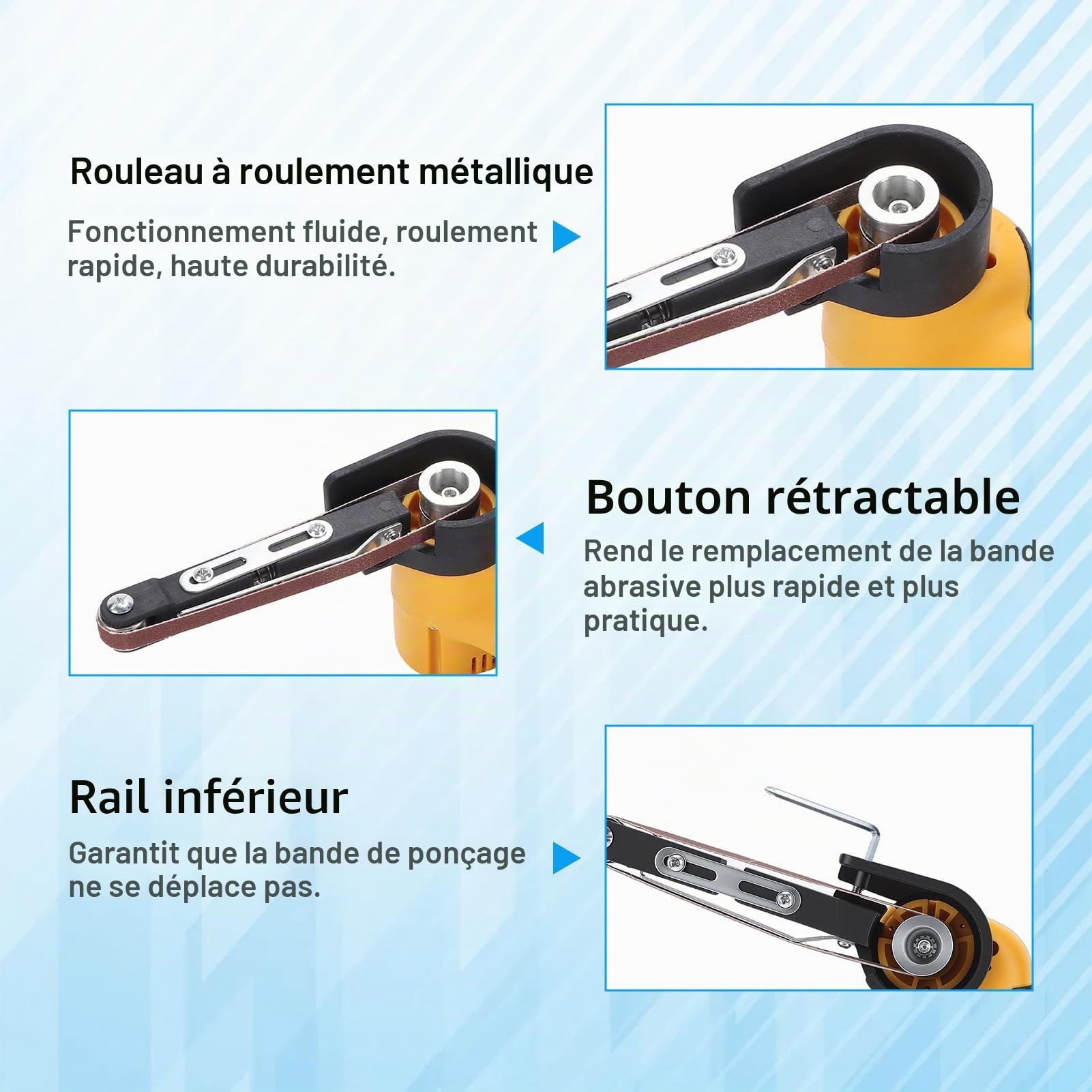 Weytoll Ponceuse à bande sans fil 16,8 V, 7 000 tr/min, mini ponceuse à bande avec 10 bandes abrasives en oxyde d'aluminium, 2 batteries de 1 500 mAh pour bois, métal et plastique