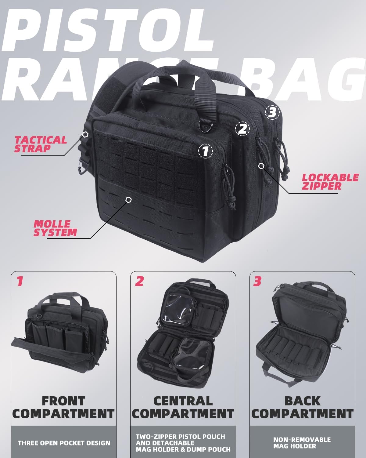 AMYIPO AMYPO Triple Pistol Tactical Range Hunting Duffel, Gun Carrying Case with Sturdy Compartment Frame, Lockable Zippers, Handgun Sleeves & Padded Shoulder Strap (Black)