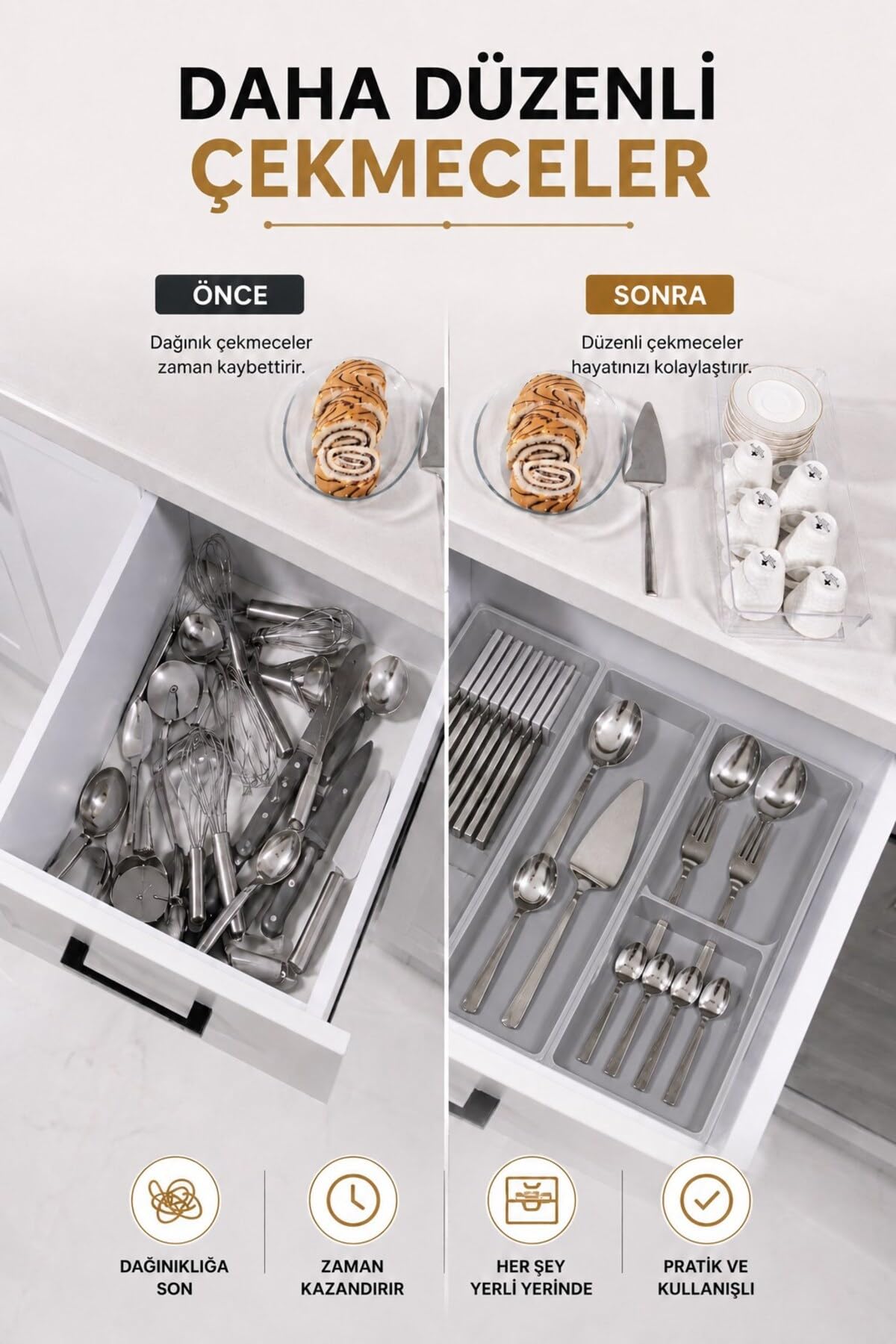Sas Haus Çekmece İçi Bıçaklık Organizer Bölmeli Mutfak Düzenleyici Gri S-11029