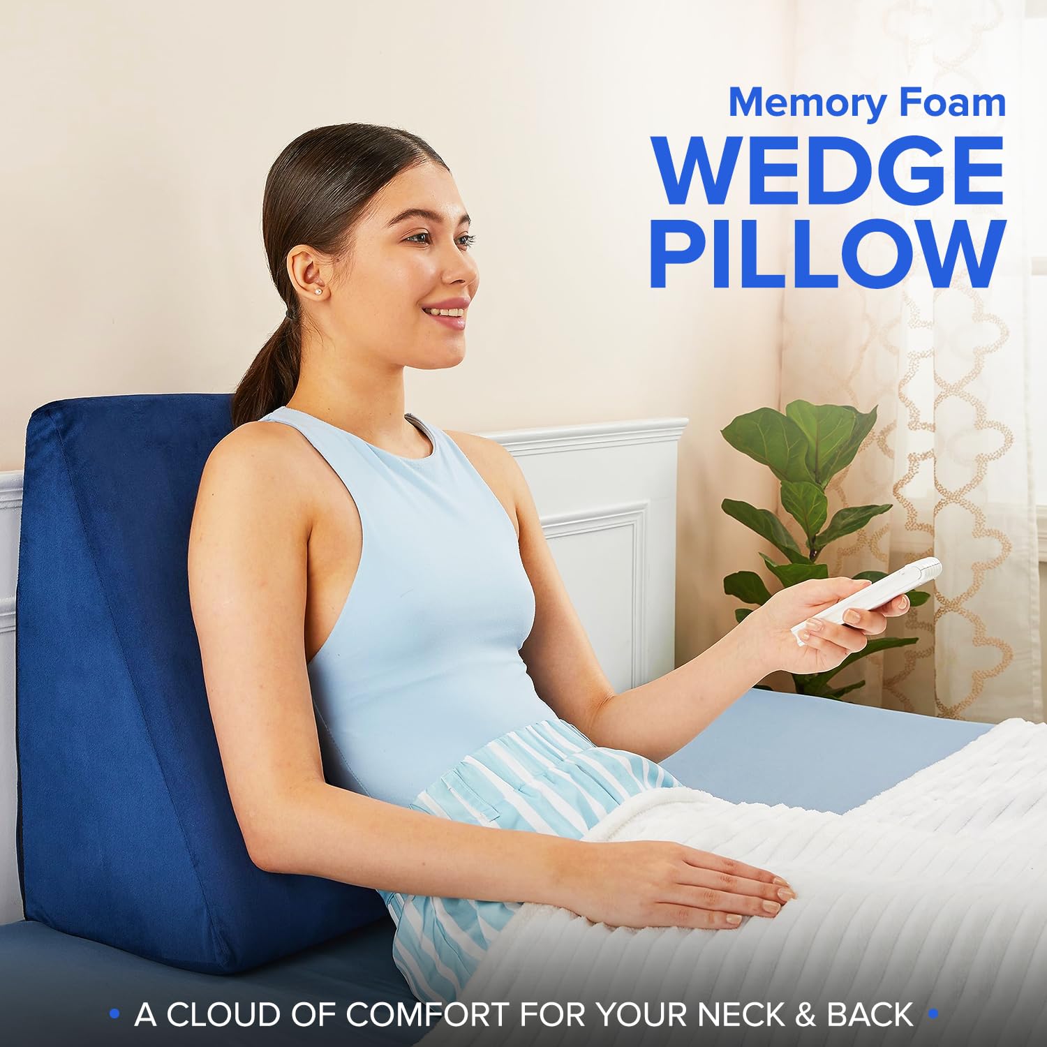 Amazon Basics Memory Foam Orthopedic Wedge Pillow |for Neck, Back Support, Cervical Pain, Acid Reflux, Snoring, GERD, Leg Elevation, Pregnancy -Ultra Soft Washable Velvet Cover -Blue, 25 x 44 x 45 CM - Image 2 thumbnail