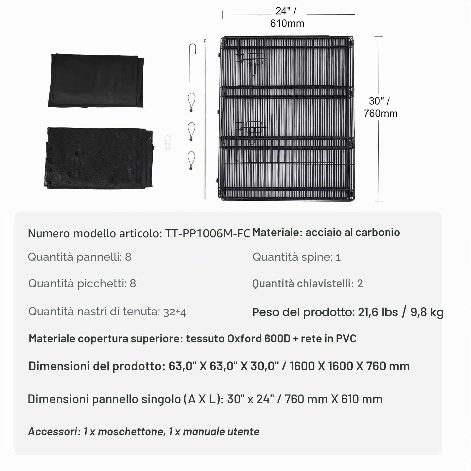 VEVOR Recinto per Cani, Confezione 8 Pannelli 760 mm x 610 mm Box per Cani Pieghevole in Metallo, Recinto per Cani per Interni Esterni con Porta, Imbottitura Fondo, Copertura Superiore, per Cani Gatti