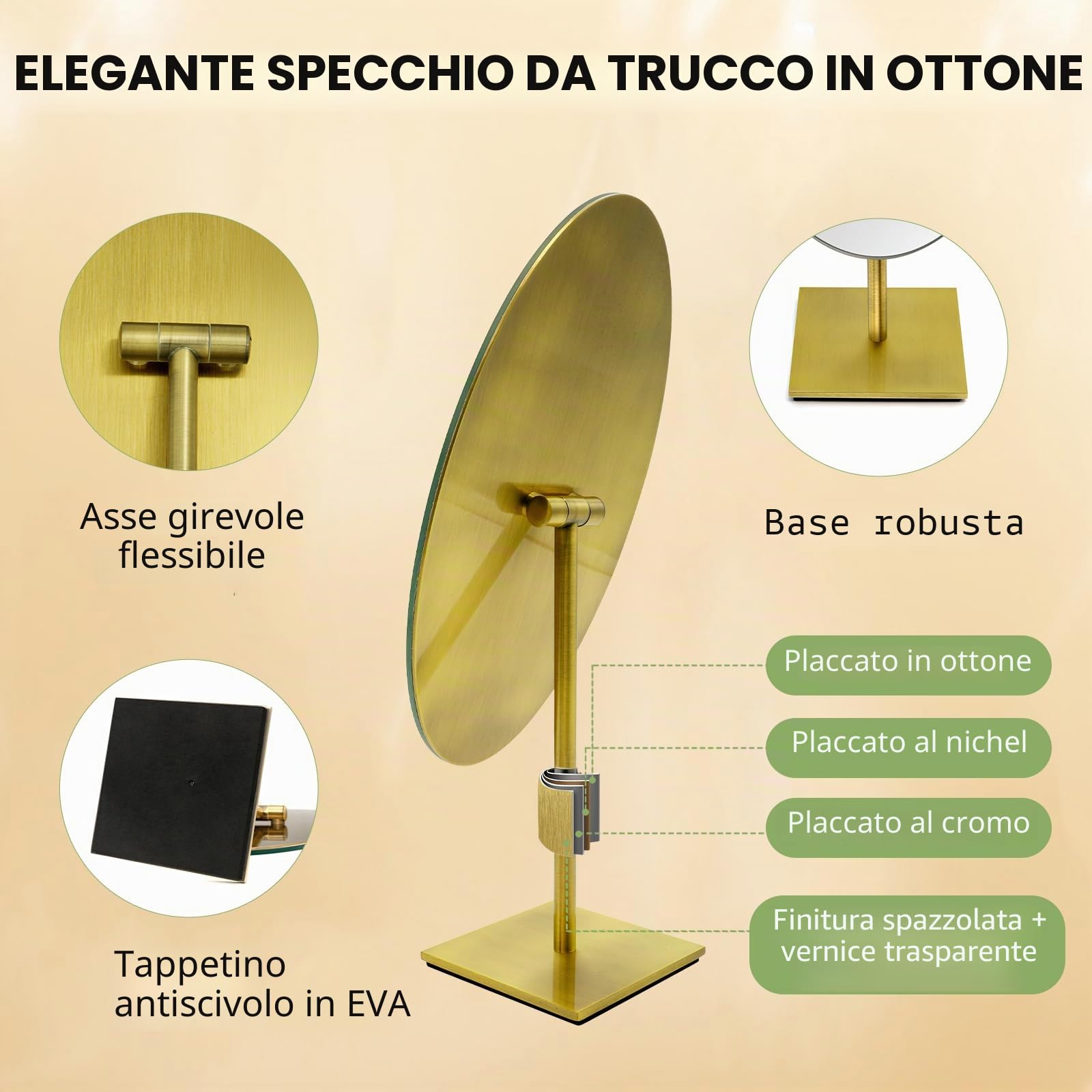 Nicesail Specchio Trucco Vintage da Tavolo Ovale Specchio di Alta Gamma Oro | bella ed elegante,massiven standfuß,rotazione a 360°,specchio unilaterale,per bagni,hotel,gioiellerie,specchio in ottone