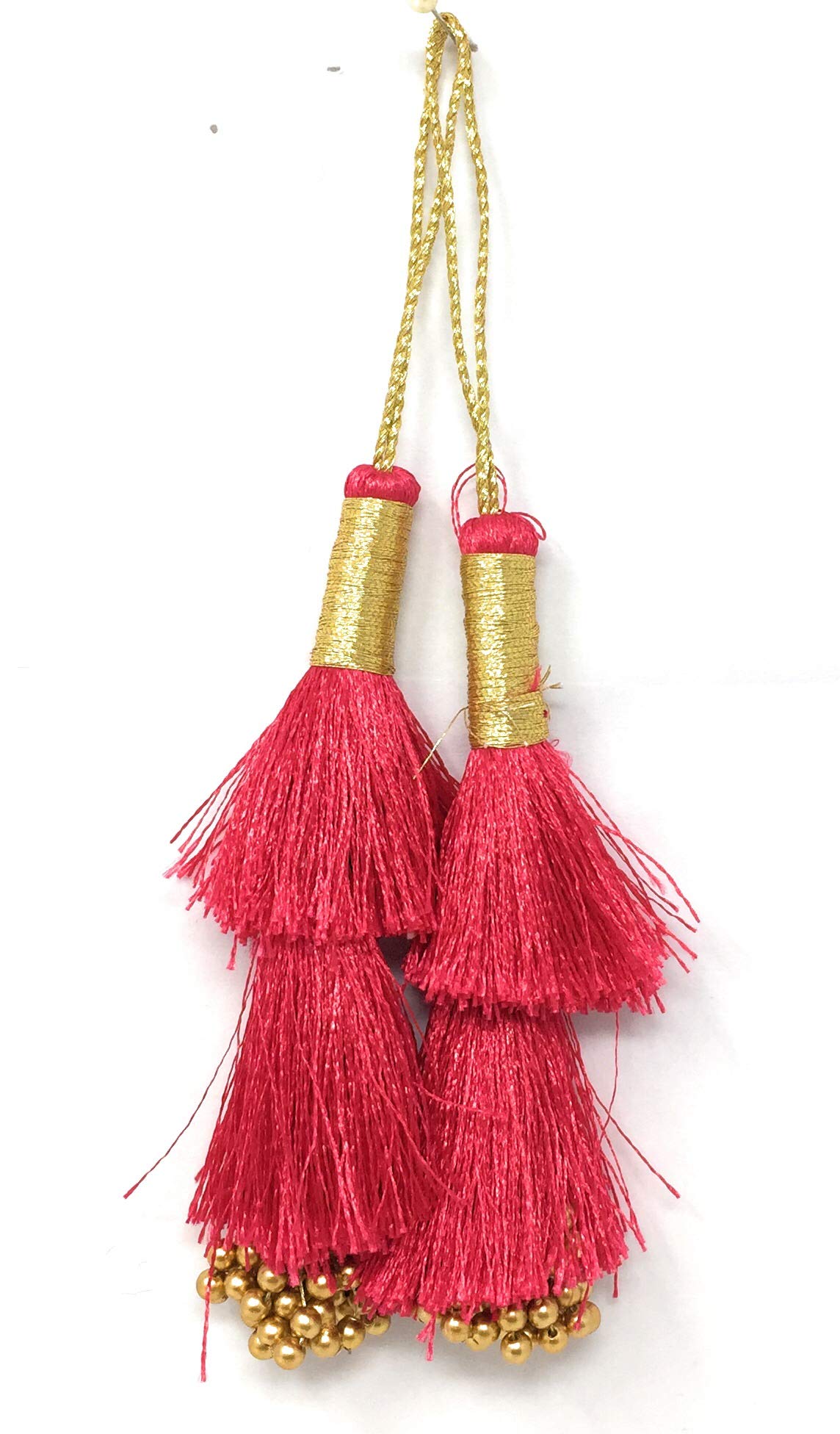 Inhika Set of 2 Decorative Tassel Hanging for Blouse Lehenga and Saree, Fancy Latkan Indian Tassle Design Colour Pink Golden, 10cm long