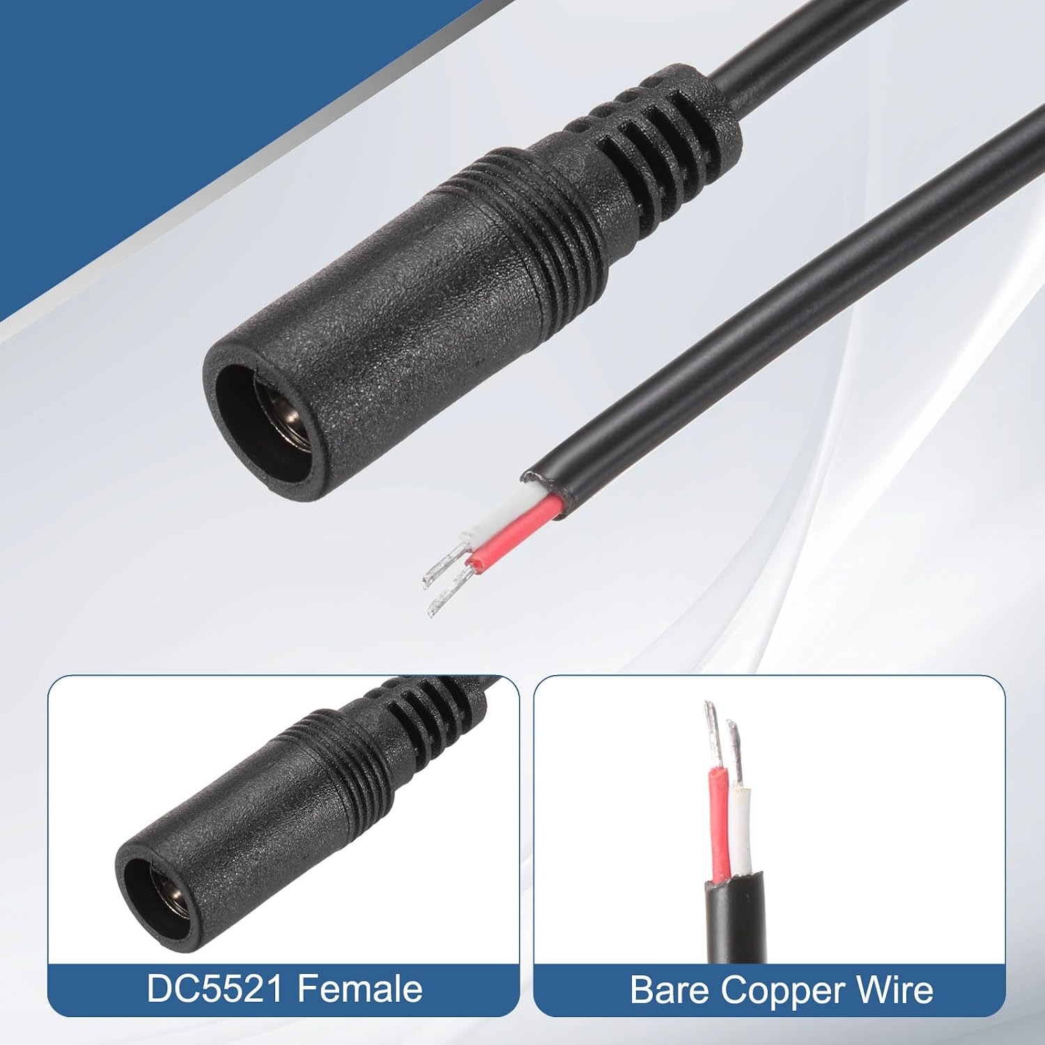 MECCANIXITY 5pcs DC Power Pigtails Cable, 5.5 x 2.1mm Female Barrel Plug Connector to Bare Wire Open End for CCTV Camera, DVR, LED Strip, 100cm Black