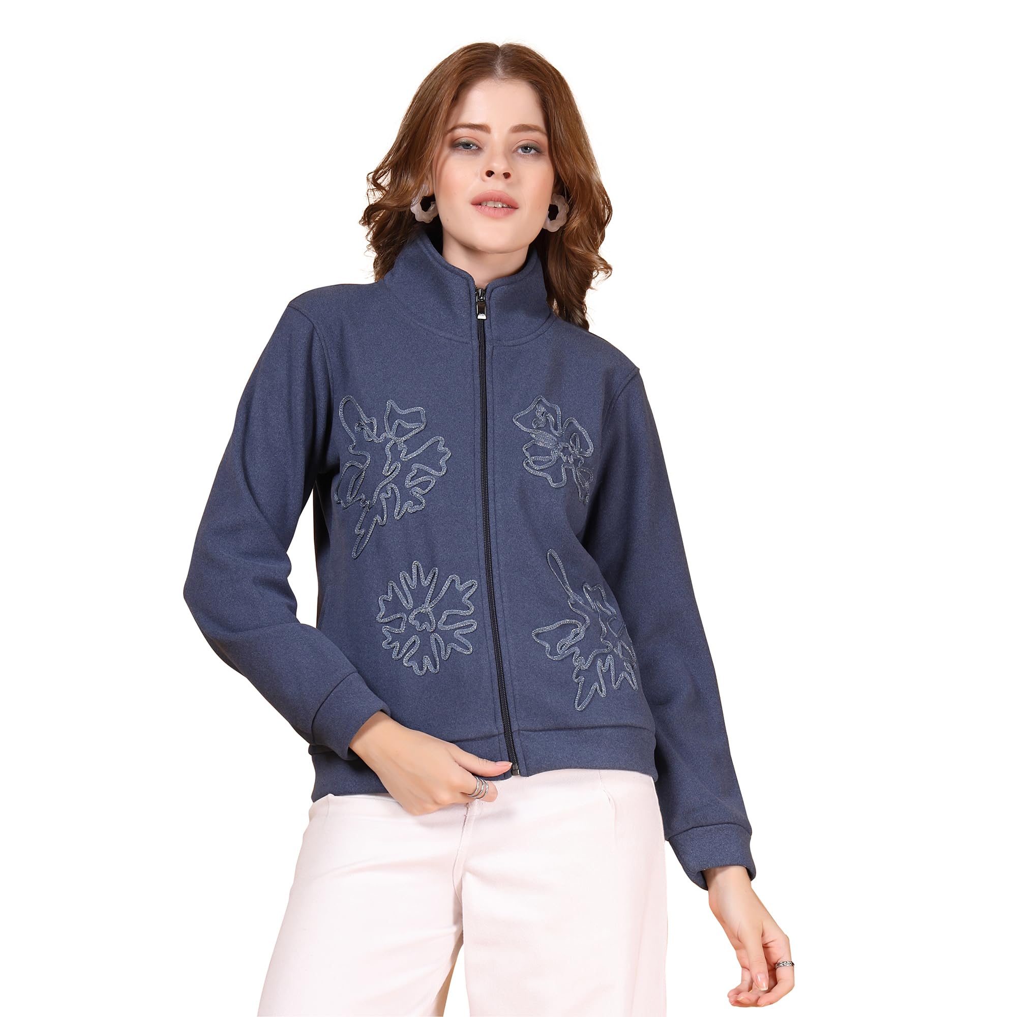 Women Floral Self Design Mock Collar Front-Open Sweatshirt-picture-14