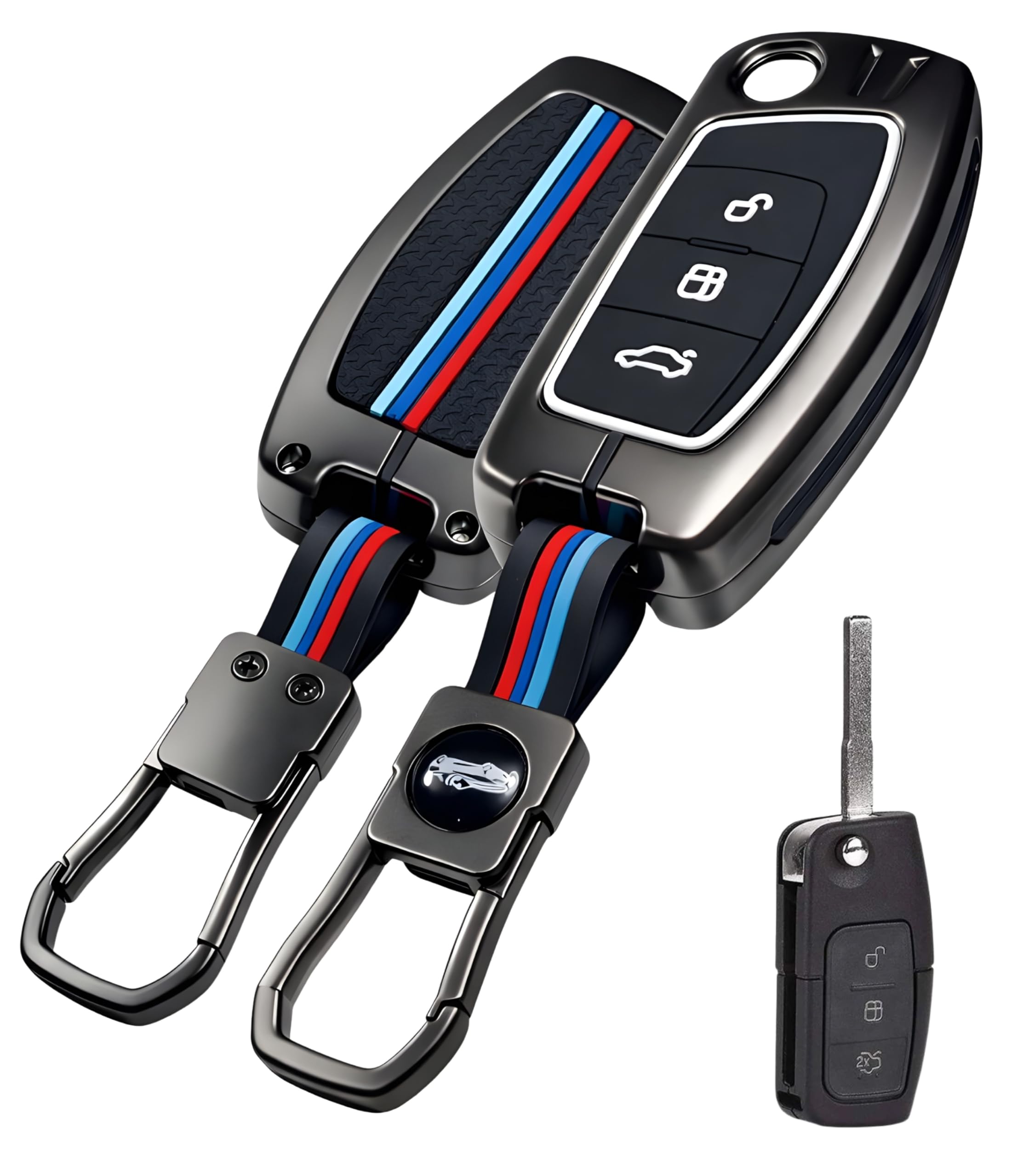 Zealsy Premium Metal Key Cover Compatible with Ford EcoSport (Old), Fiesta, Figo | 3-Button Flip Remote Key Shell with Stylish Keychain (Metal Grey Black)-image-23