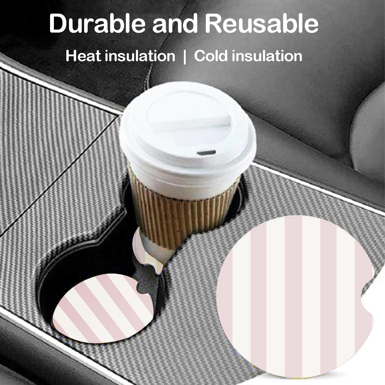 Ceramic Car Coasters – Absorbent Car Cup Holder Coaster Set for Women, Cute Aesthetic Car Accessories for Girls, 2 Pack (Classic Pink)