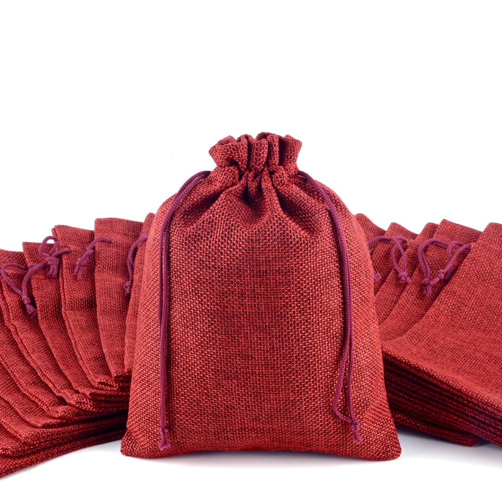 20pcs Red Hessian Bags - 20x30cm Reusable Small Gift Pouches With Cotton Drawstring - Jewellery Christmas Jute Bags for Festival, Party, Wedding