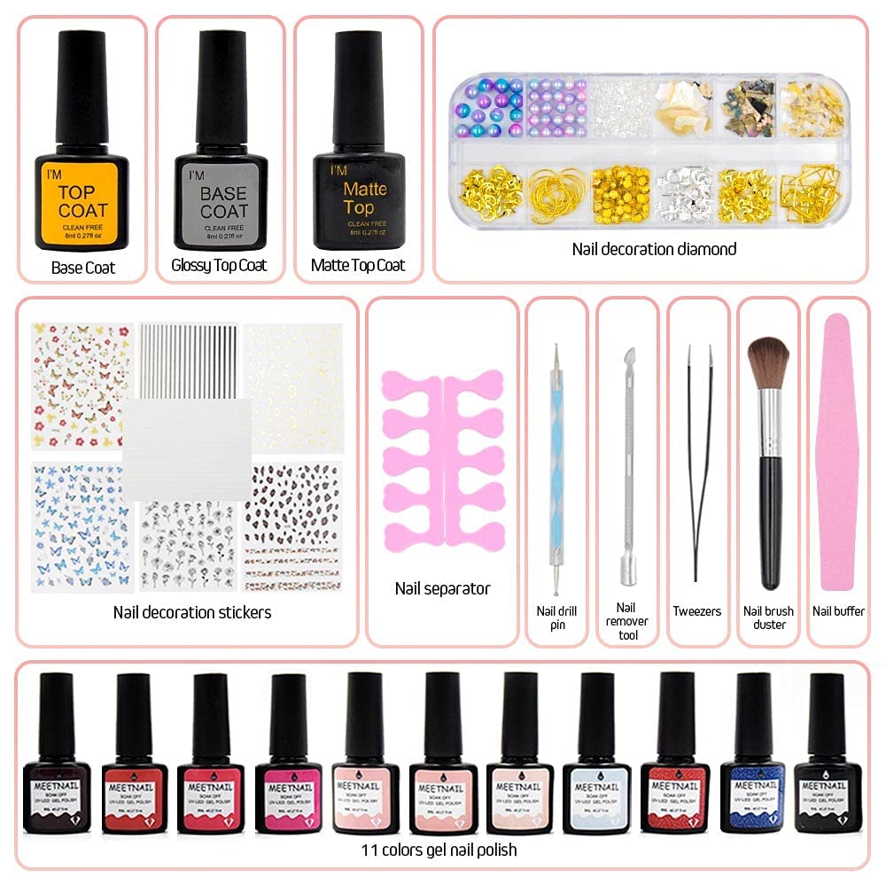 Gel Nail Polish Kit with Nail Art Decorations, Nail Polish Set include 11 Colors with Glossy & Matte Top Coat, Base Coat, Nail Stickers, Rhinestones decorations and Manicure Tools for Women