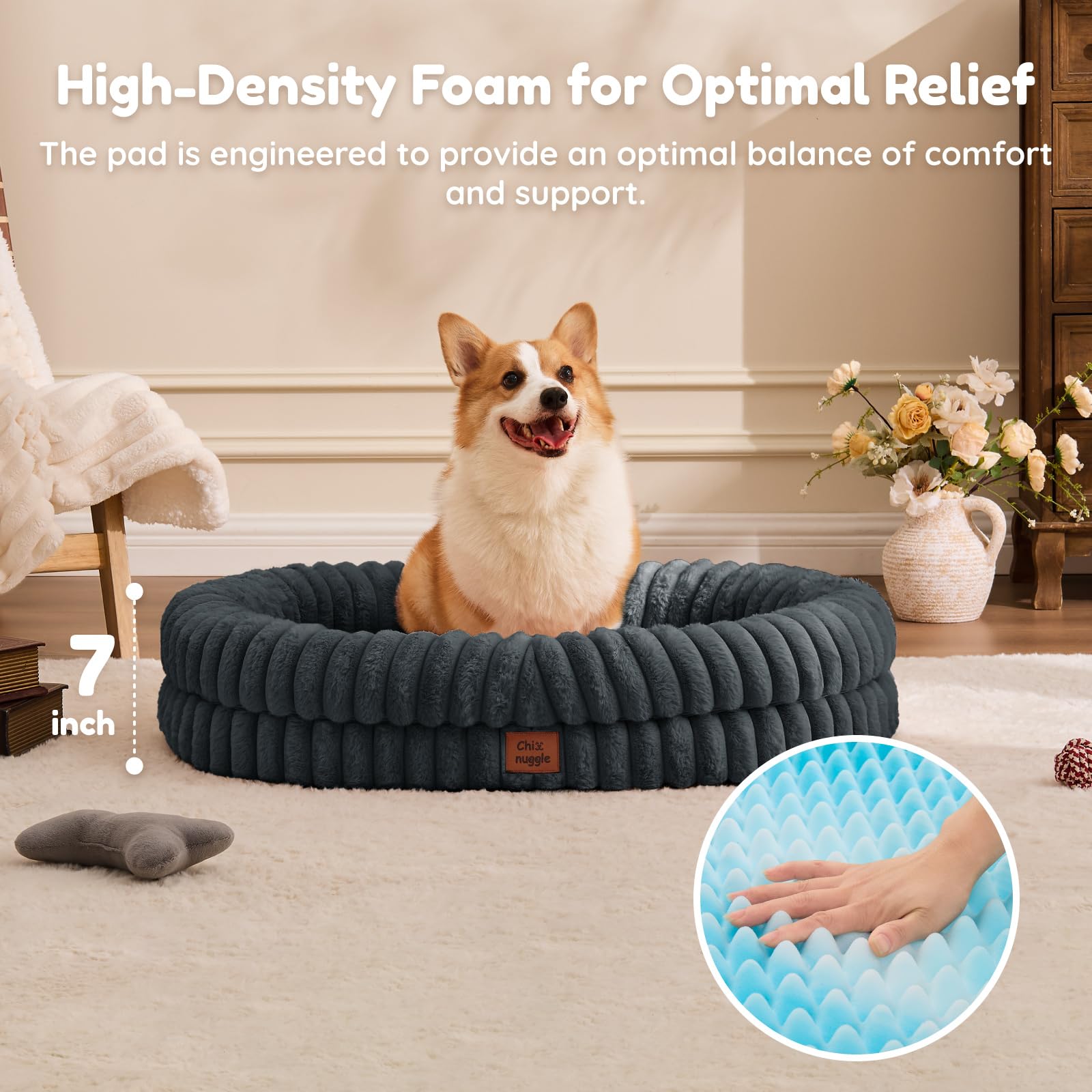 Dog Bed Large Sized Dog - Luxury Striped Faux Fur Waterproof Pet Couch with Removable Washable Cover, Orthopedic Pet Bed with Bolster Sides for Sleeping, Dark Grey - image 4