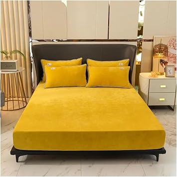Fitted Bed Sheet 3 Pieces Soft Velvet Fitted Sheet with Elastic Bands Non Slip Adjustable Mattress Covers for Single Double King Queen Bed 160x200cm for Home HotelYellow,160x200cm