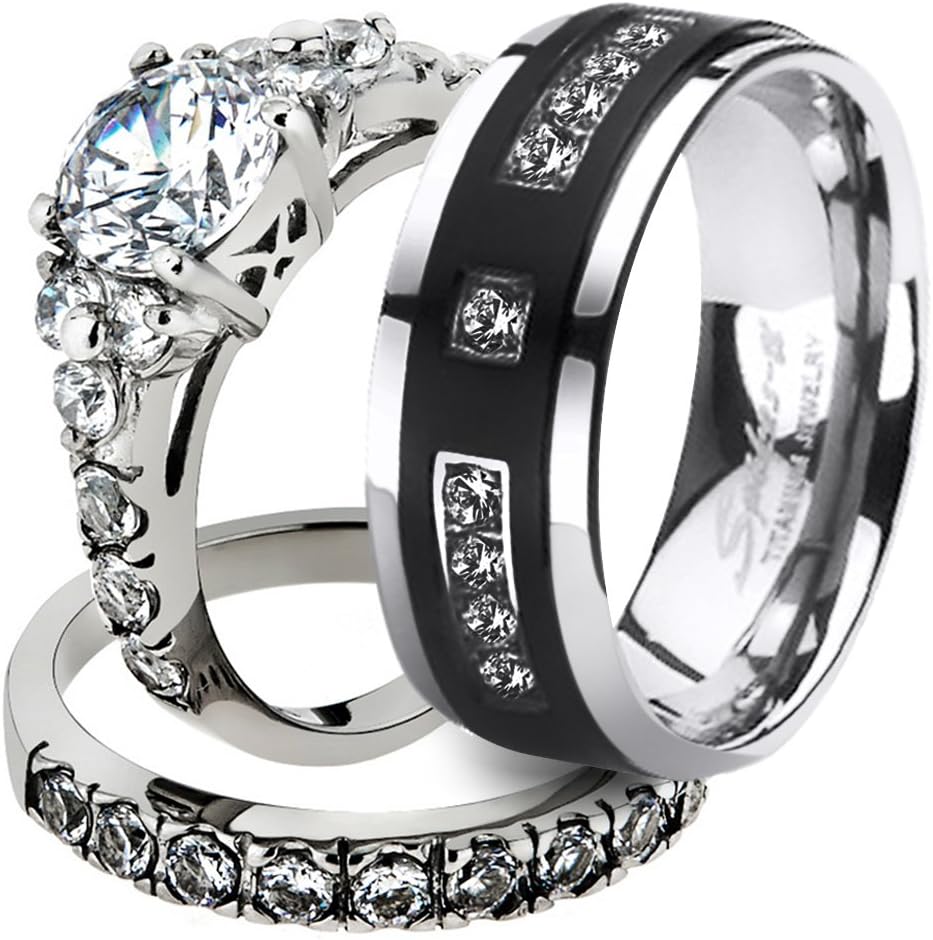 Marimor Jewelry His and Her Stainless Steel 2.50 Carat Cubic Zirconia Bridal Set and Men's Titanium Wedding Band