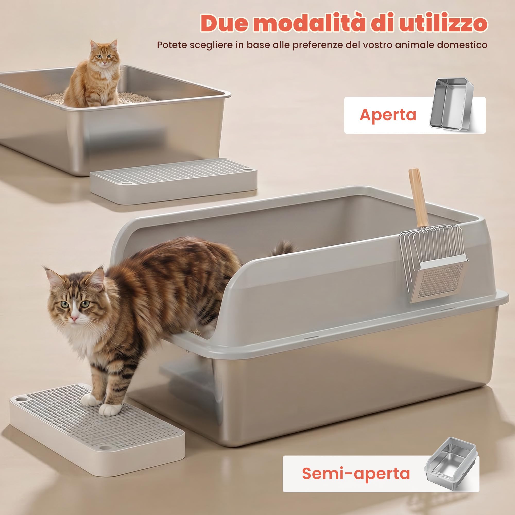 XL Lettiera Gatto Acciaio Inox – Lettiera Gatto Aperta con Bordi Alti & Ingresso Basso, per Gatti Grandi senza Coperchio, Antigocce & Antifuga con Chiusura a Scatto, con Griglia