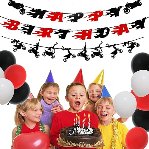 Miniatura 4 de 60 piezas de suministros de decoración de fiesta de motocross – pancarta, decoración de pastel para cumpleaños temático de motocross – decoración de