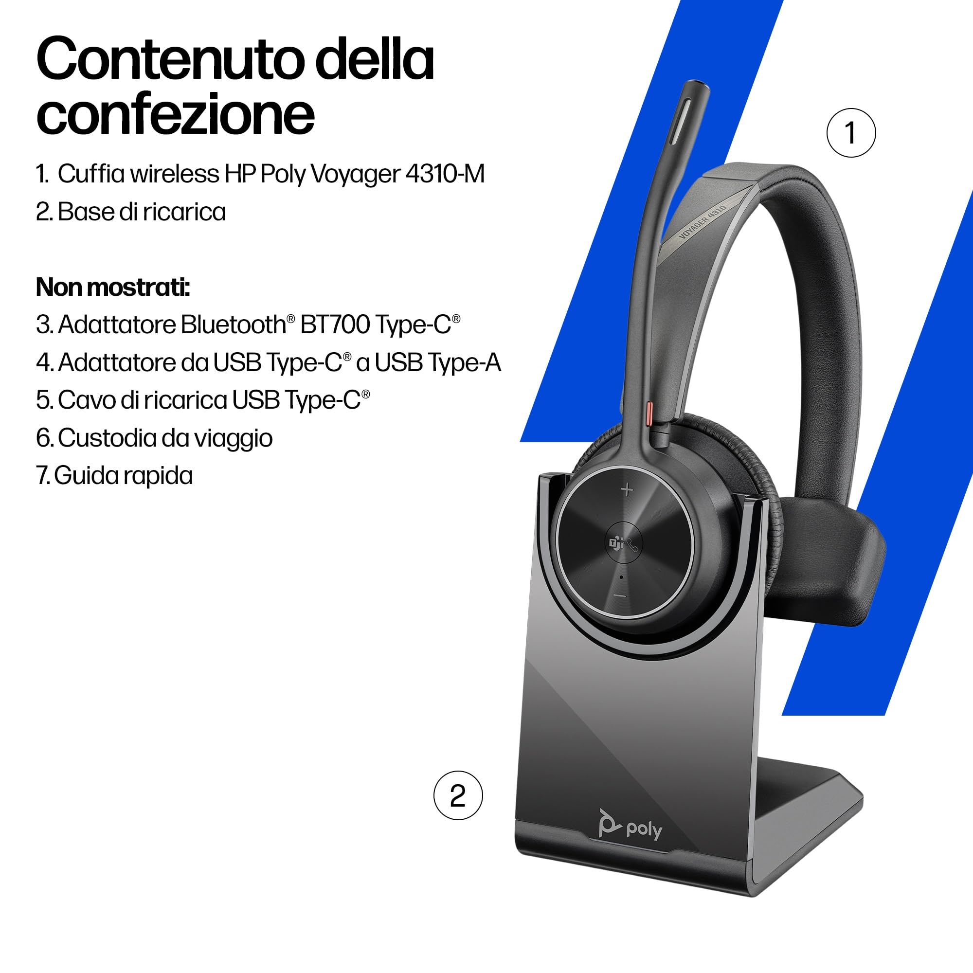 Poly Voyager 4310 UC, Cuffia Monoaurale Senza Filo, Connessione Bluetooth e Dongle USB-C BT700, Cuscinetto in Similpelle, Autonomia 24 Ore, Base per Ricarica, Compatibile con Windows 10 e macOS, Nero