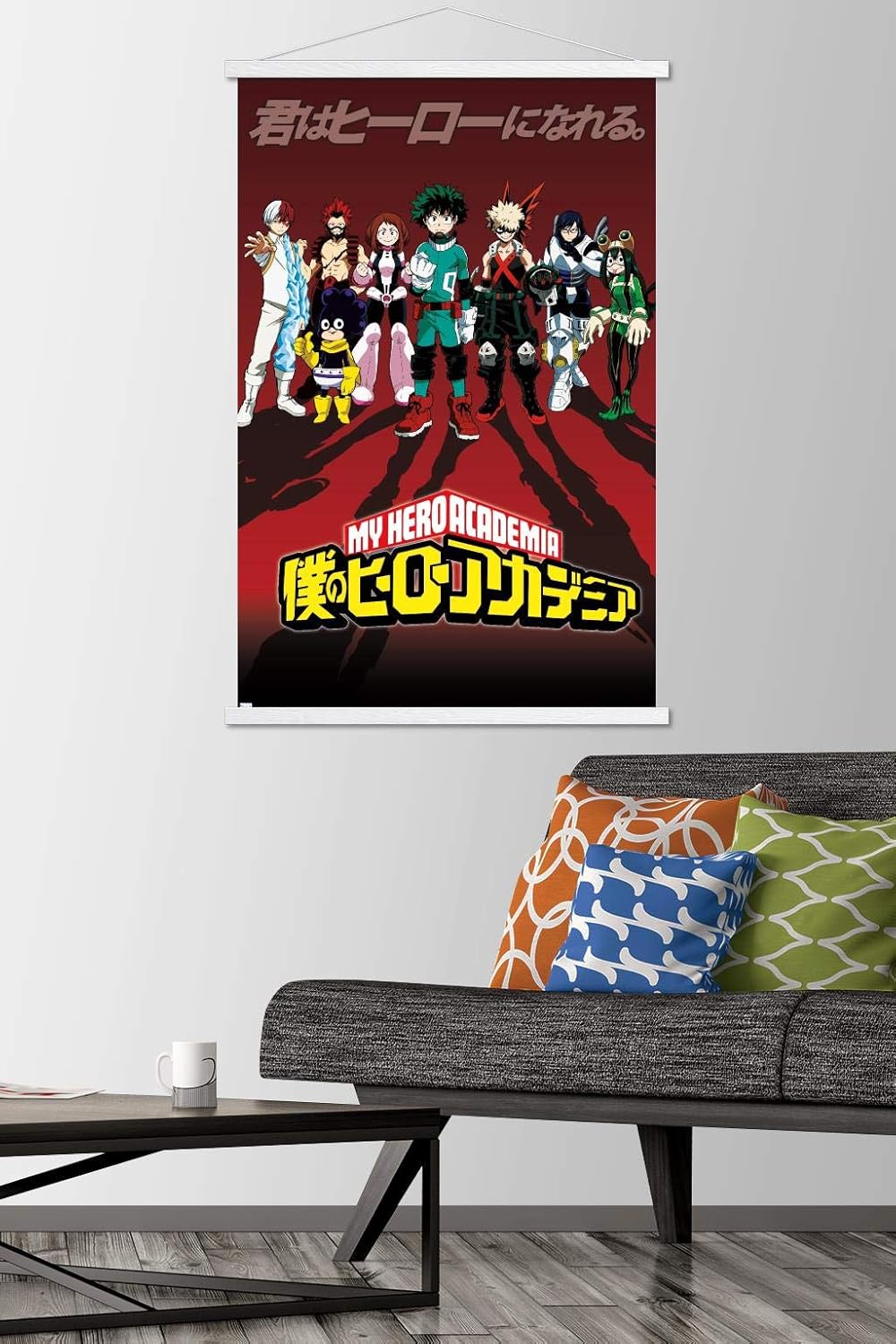 Trends International Hero Academia-Group Pose Wall Poster with Magnetic Frame, 22.375" x 34", Premium Print and White Hanger Bundle