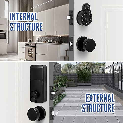 Miniatura 4 de Cerradura de puerta de entrada sin llave con código de juego de manija, llave, cerrojo de huellas dactilares y perillas de puerta negras, cerradura
