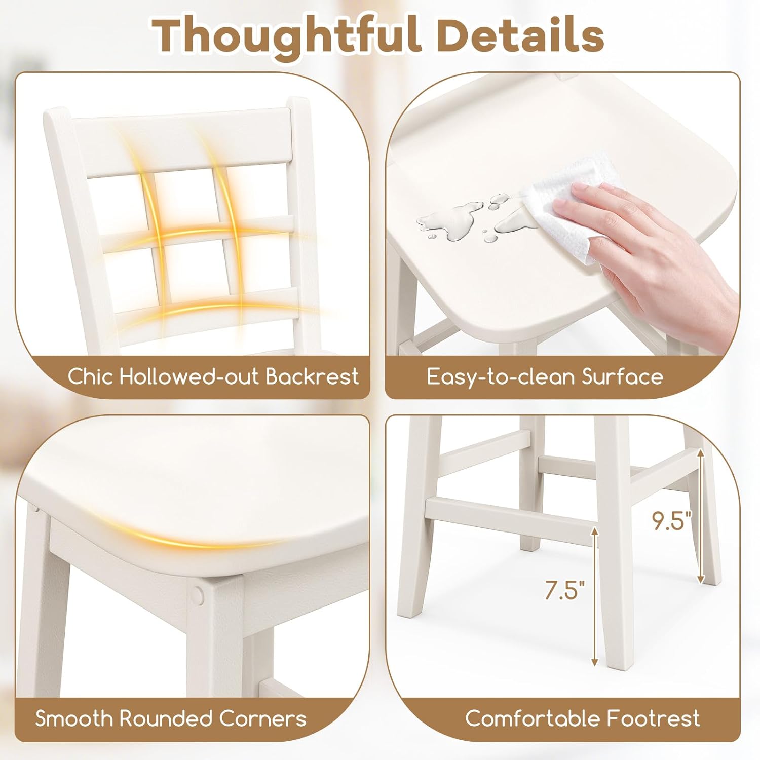 COSTWAY Swivel Bar Stools Set of 4, 24.5 Inch Counter Height Bar Chairs w/Hollow Backrest & Contoured Seat, Wooden Barstools w/Footrest for Kitchen Island, Pub, Bistro, Cafe (4, White)
