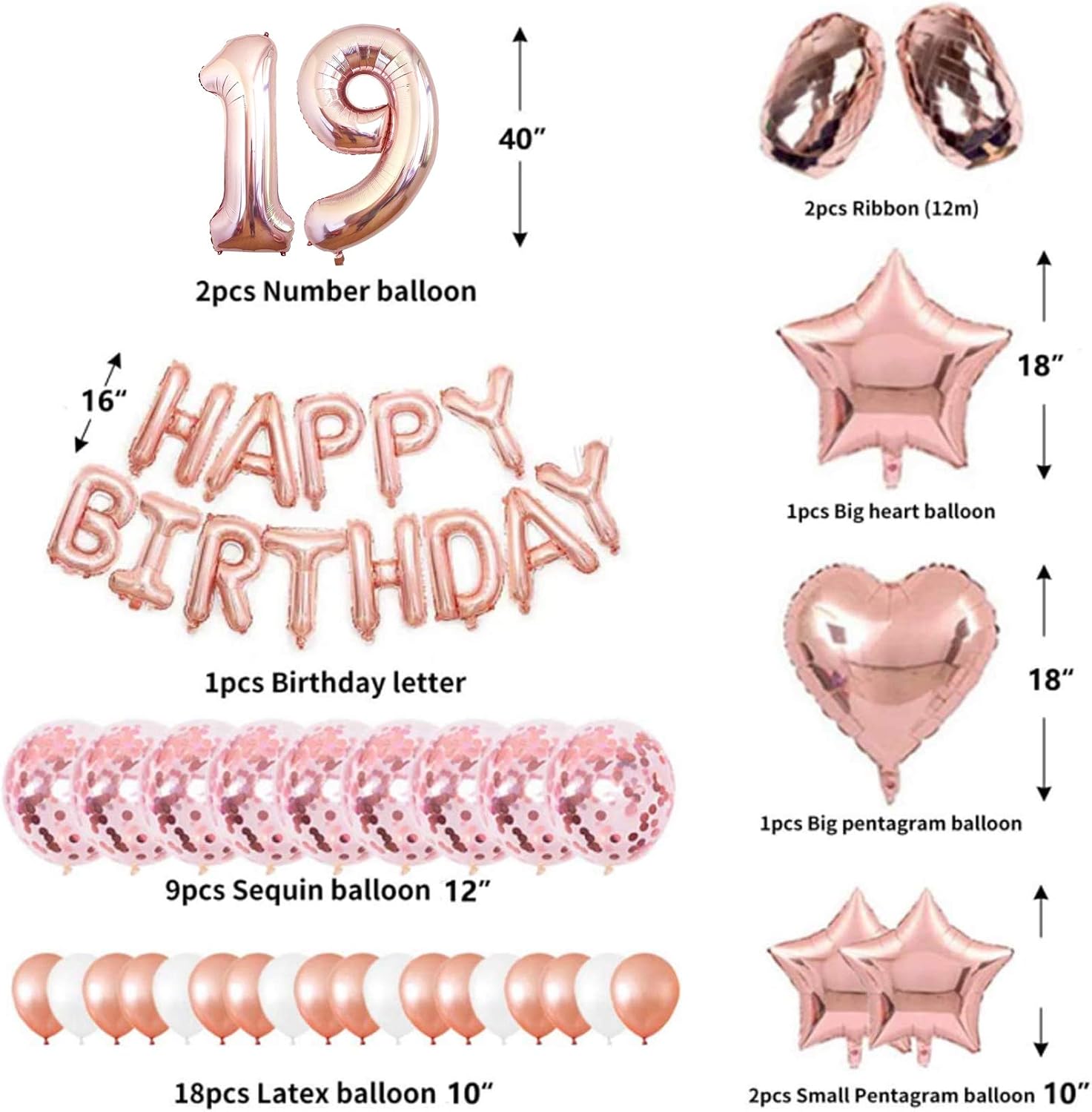 19th Rose Gold Birthday Party Decorations Pack 48PCS Banner Happy Birthday Decorations for Girls Women Party Supplies Happy Birthday Star Heart Rose Gold Foil Balloons Latex Balloons (19th) - Image 3