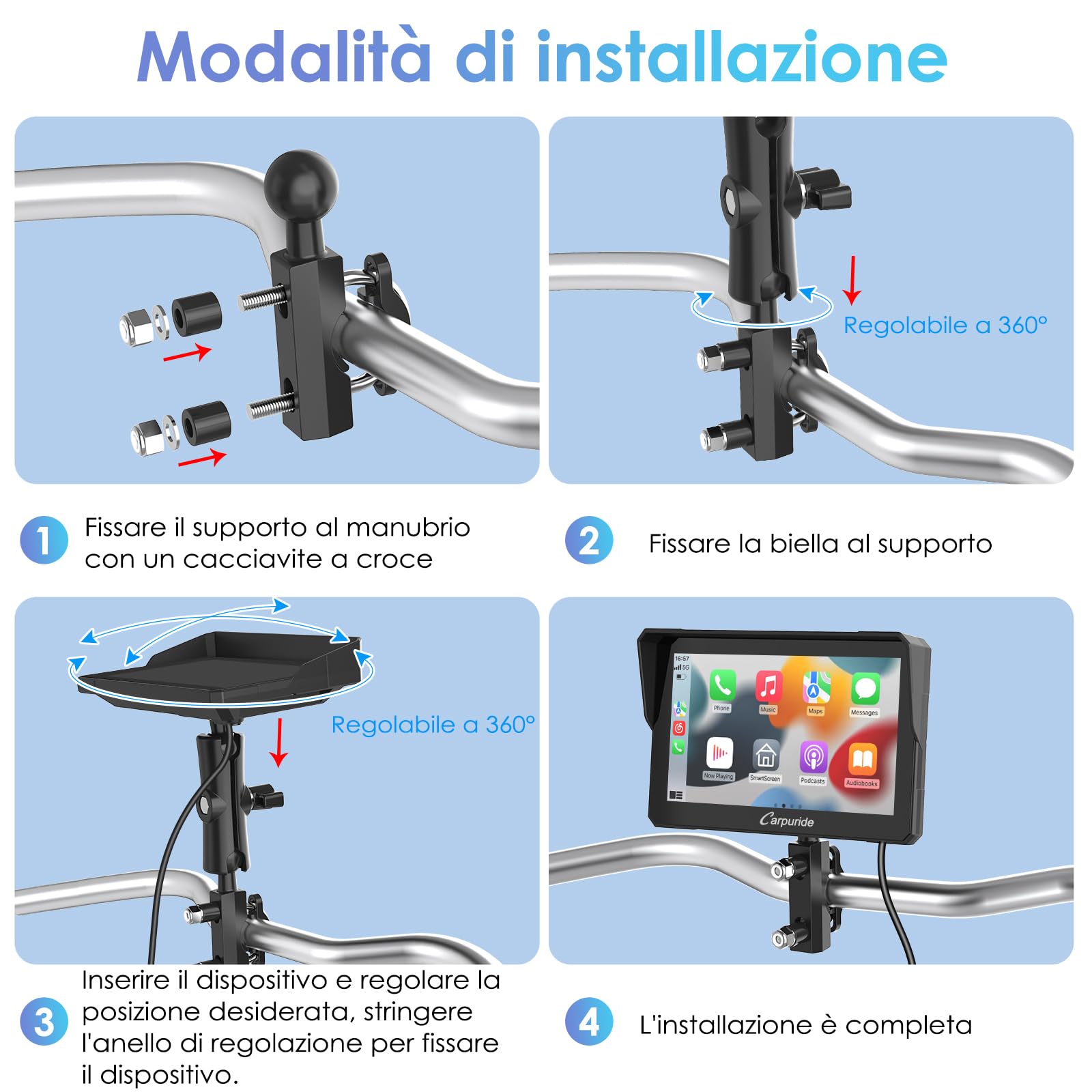 Carpuride W702 Schermo CarPlay Moto 7" Touchscreen Impermeabile GPS Bluetooth
