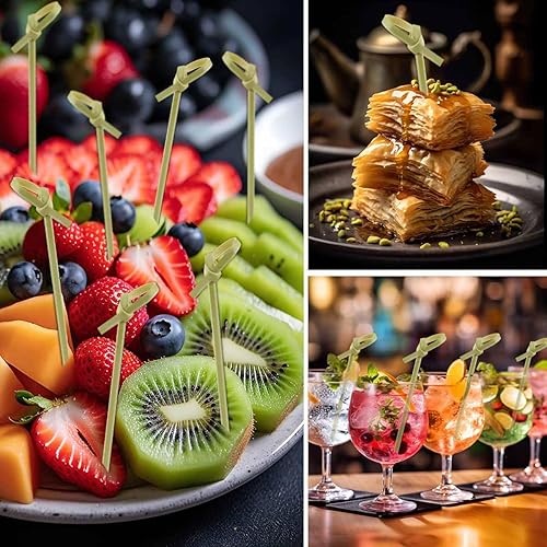 Miniatura 4 de Paquete de 200 palillos de bambú para cócteles de bambú, palillos de dientes elegantes para aperitivos, brochetas de bambú hechas a mano con nudo en